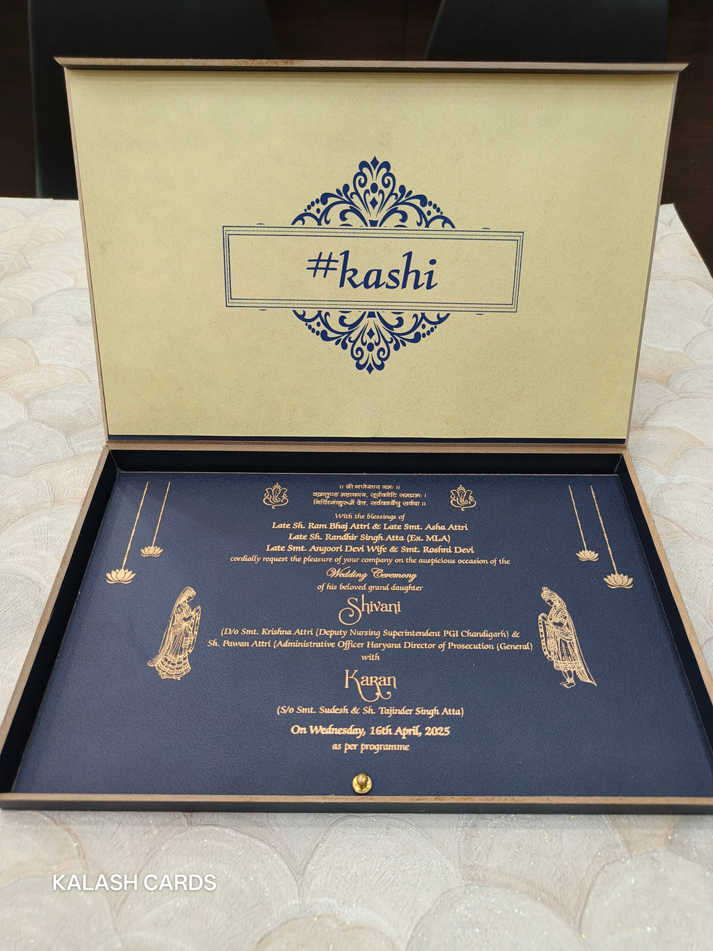 KLB599 Royal Blue Floral Design Lasercut Luxury Wooden Wedding Card with 2 Fold Page Inserts and Lasercut Couple Name-Kalash Cards