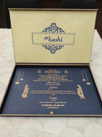 KLB599 Royal Blue Floral Design Lasercut Luxury Wooden Wedding Card with 2 Fold Page Inserts and Lasercut Couple Name-Kalash Cards