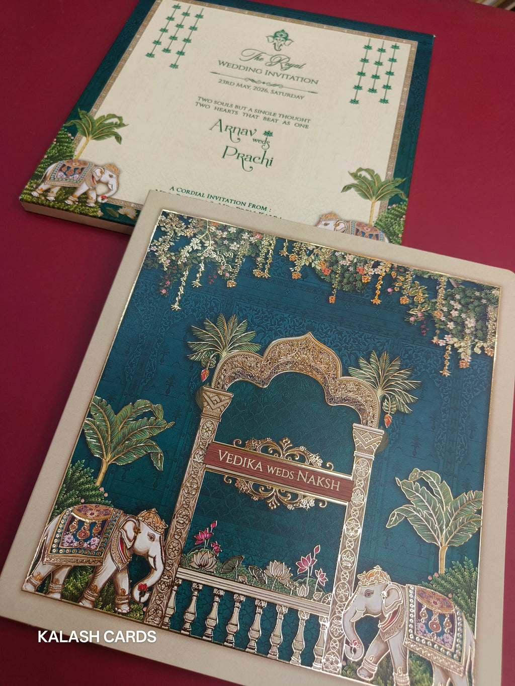 KLB523 Elephant Theme Premium Gold Foil Design Semi Box Paper Wedding Card (2 Page)-Kalash Cards