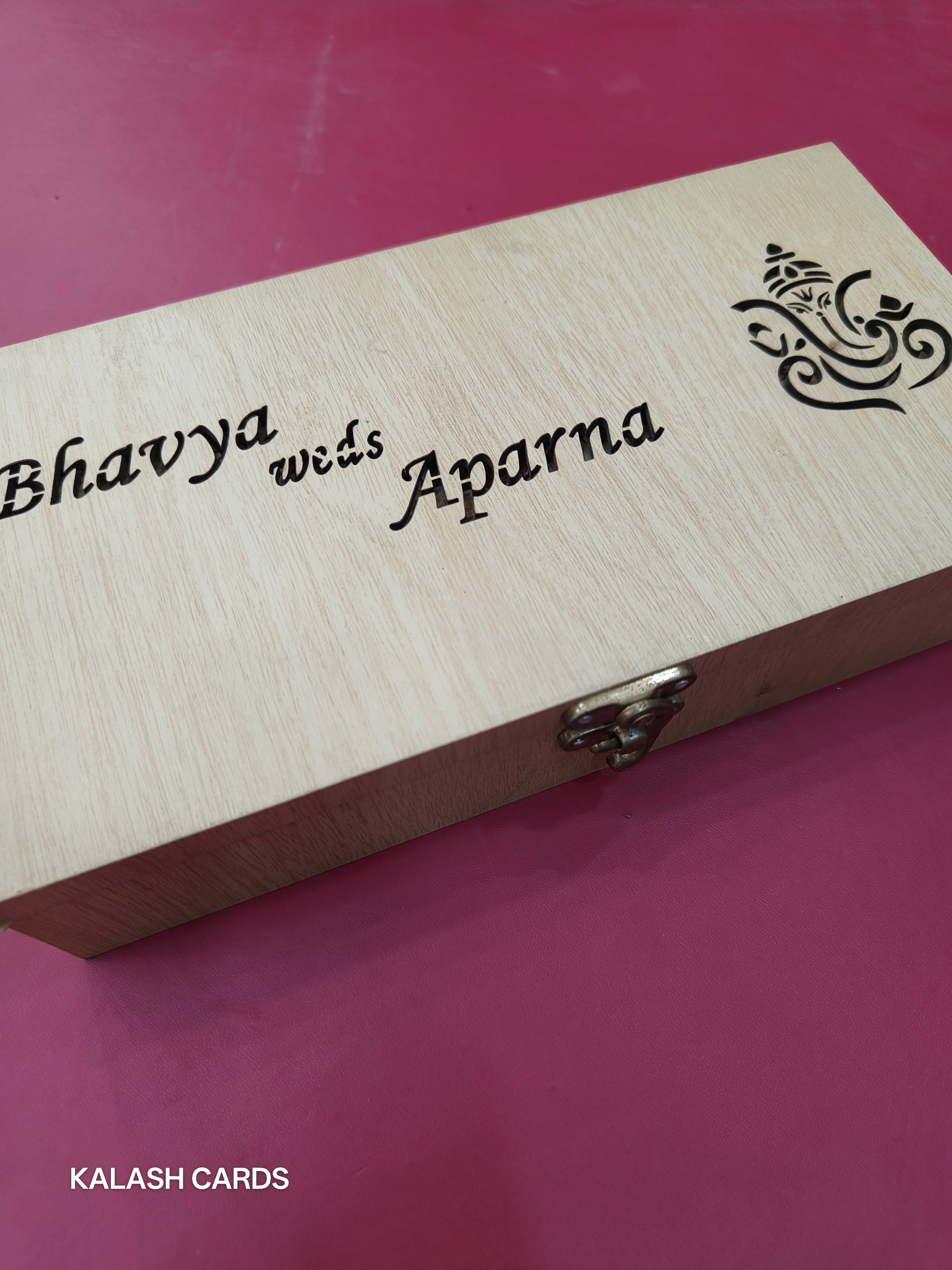 KL9004 Lasercut Luxury Wooden Gift Box with 2 Page Card and Lasercut Couple Name-Kalash Cards