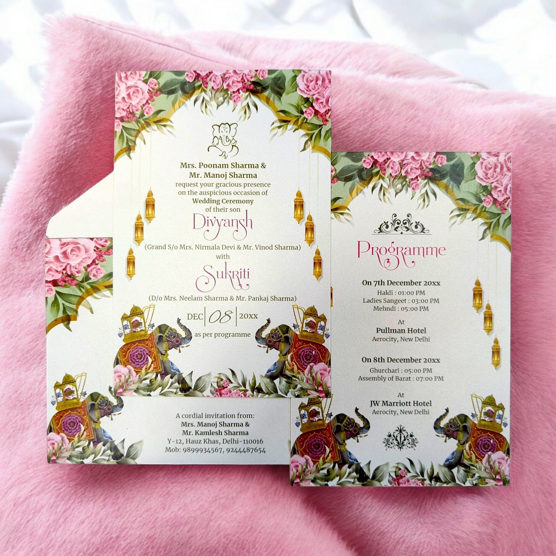 KL2219 Royal Elephant Design Luxury Wedding Invitation Card with 2 Printed Cards and Matching Envelope-Kalash Cards