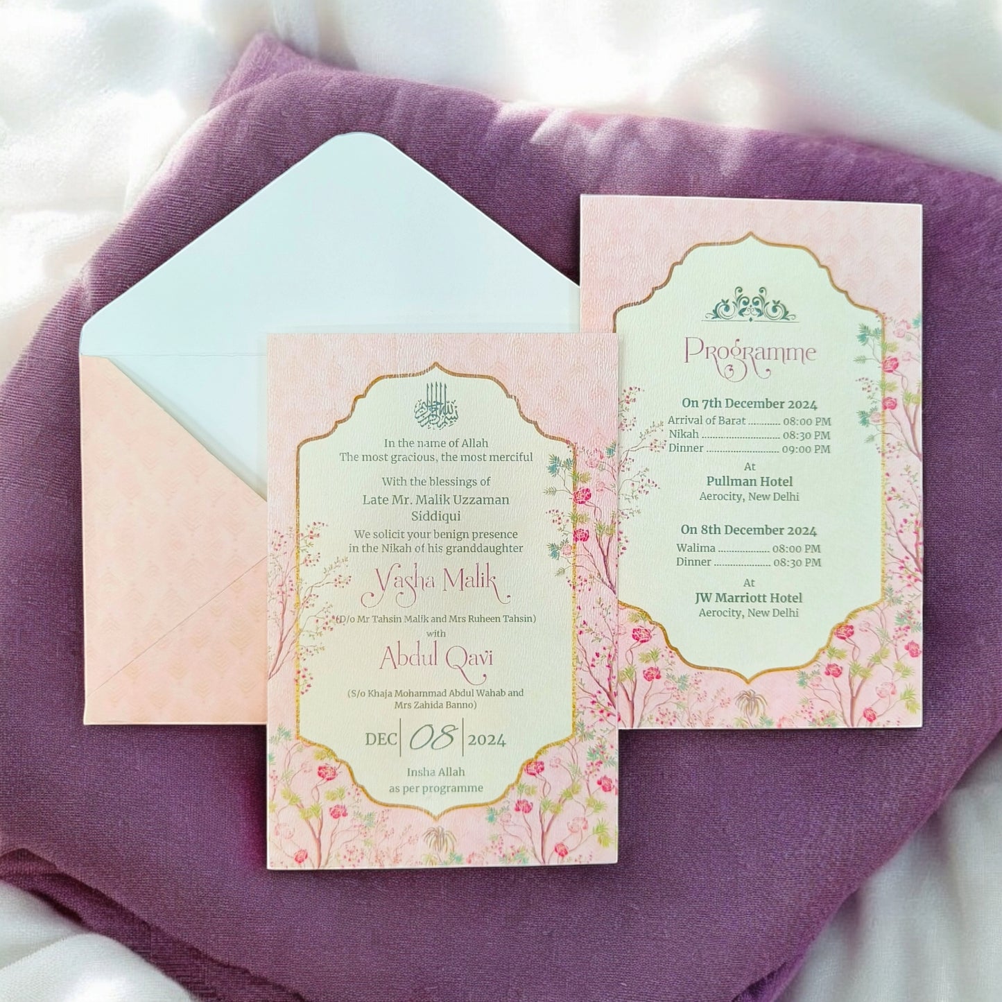 KL2213 Royal Floral Design Luxury Wedding Invitation Card with 2 Printed Cards & Matching Envelope