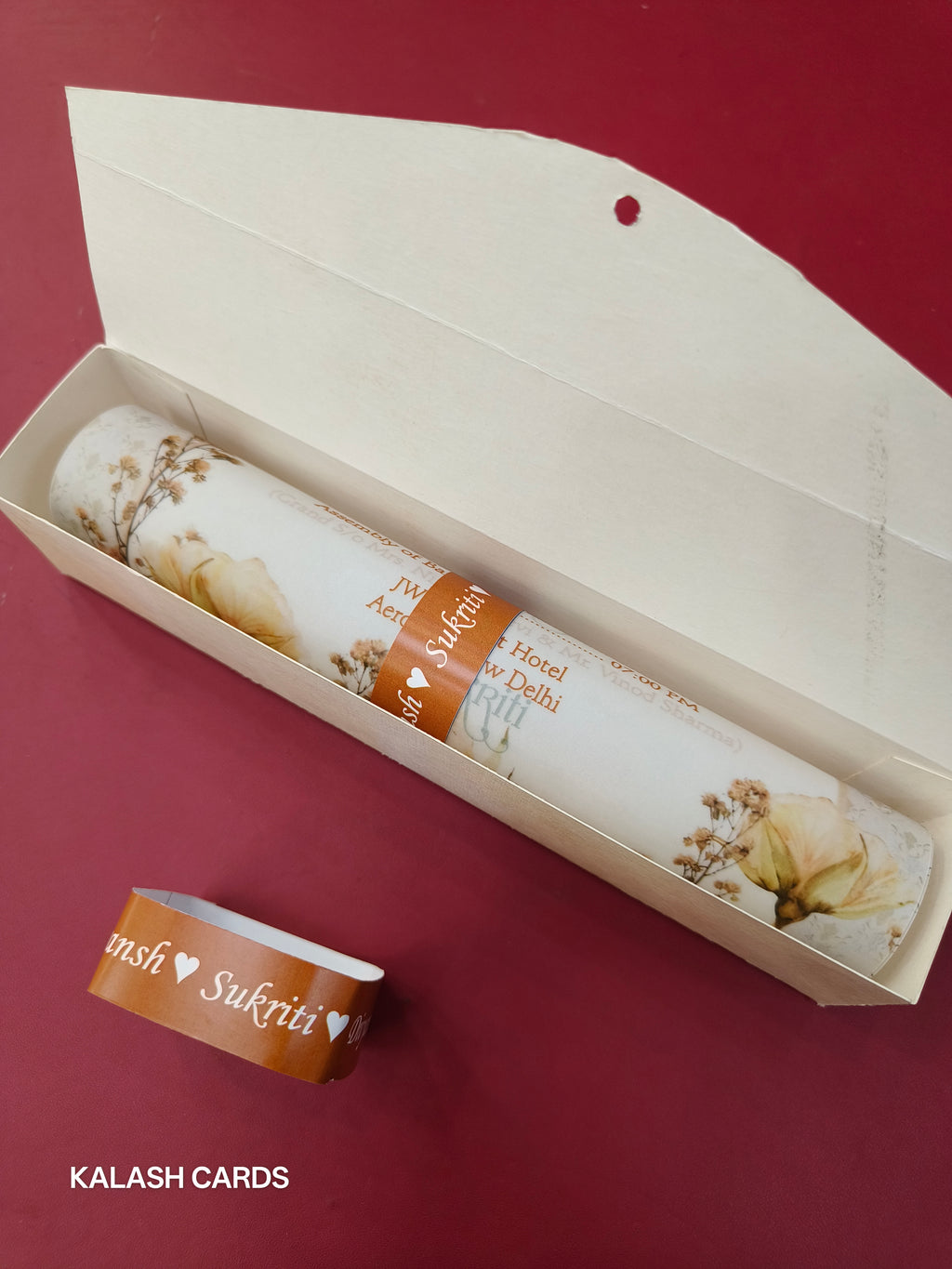 KL2122 Luxury Translucent Scroll Wedding Card with Matching Box Cover and Personalised Band-Kalash Cards