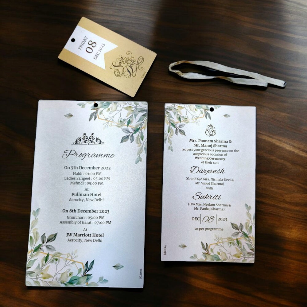 KL2094R Luxury Paper Wedding Card with Tag and Ribbon-Kalash Cards