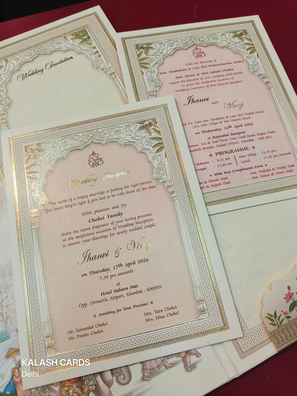 KLB522 Jharokha Raja Rani Theme Laser Cut Work Hardboard Padding Thick Wedding Card (2 Thick Page)-Kalash Cards