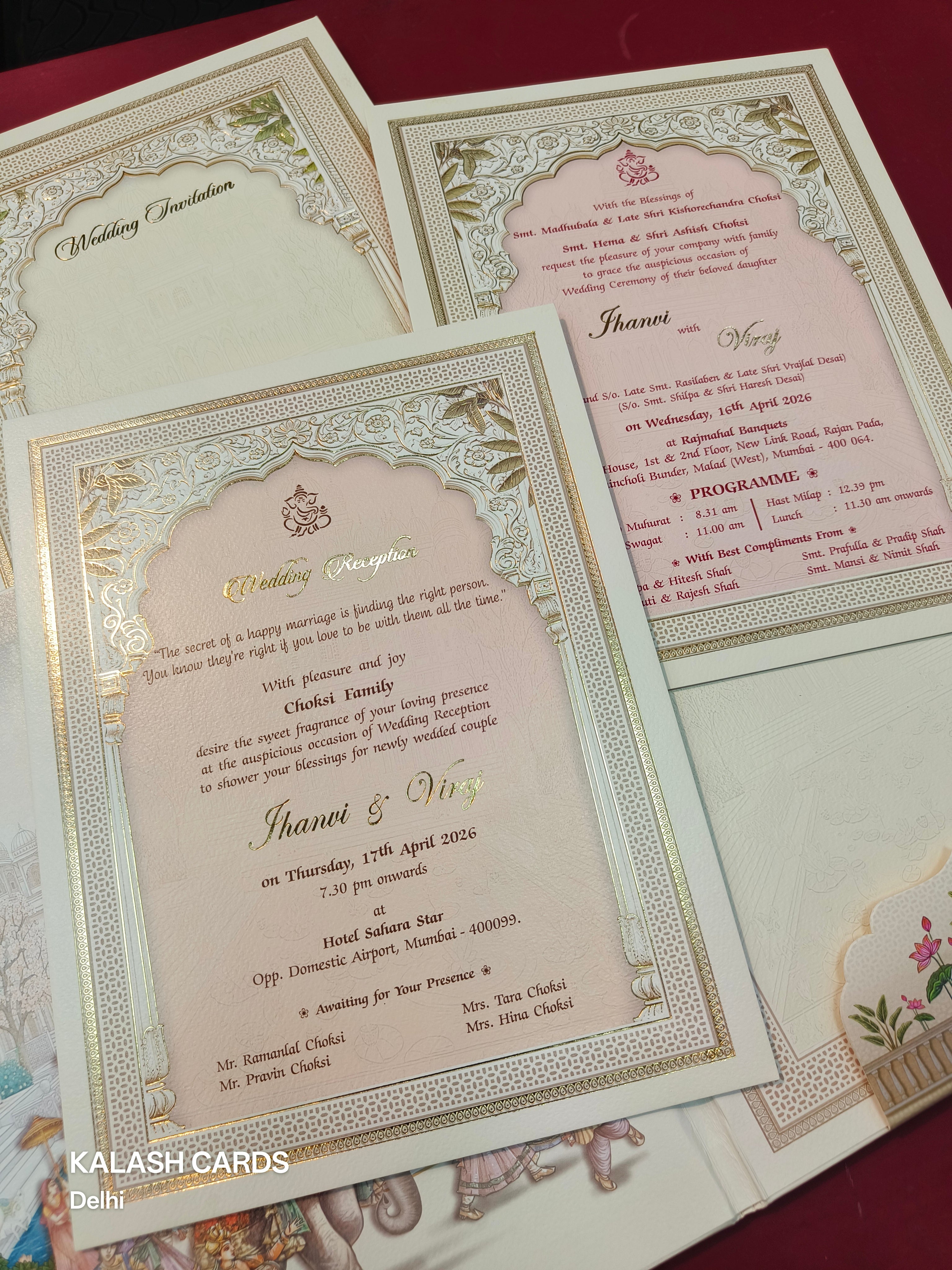 KLB522 Jharokha Raja Rani Theme Laser Cut Work Hardboard Padding Thick Wedding Card (2 Thick Page)-Kalash Cards