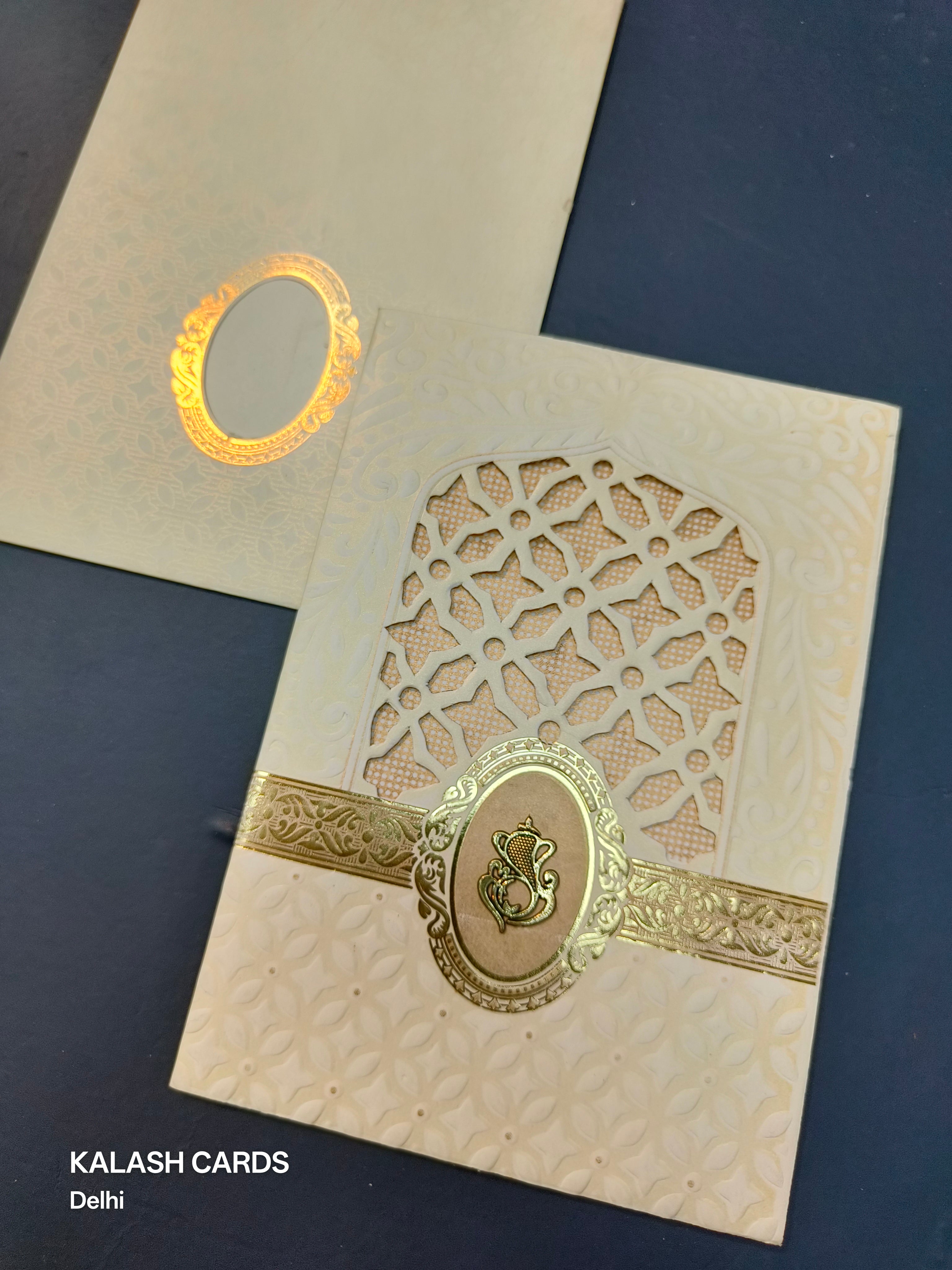 KL0181 Traditional Jharokha Design Laser Cut Paper Wedding Card (2 Page)-Kalash Cards