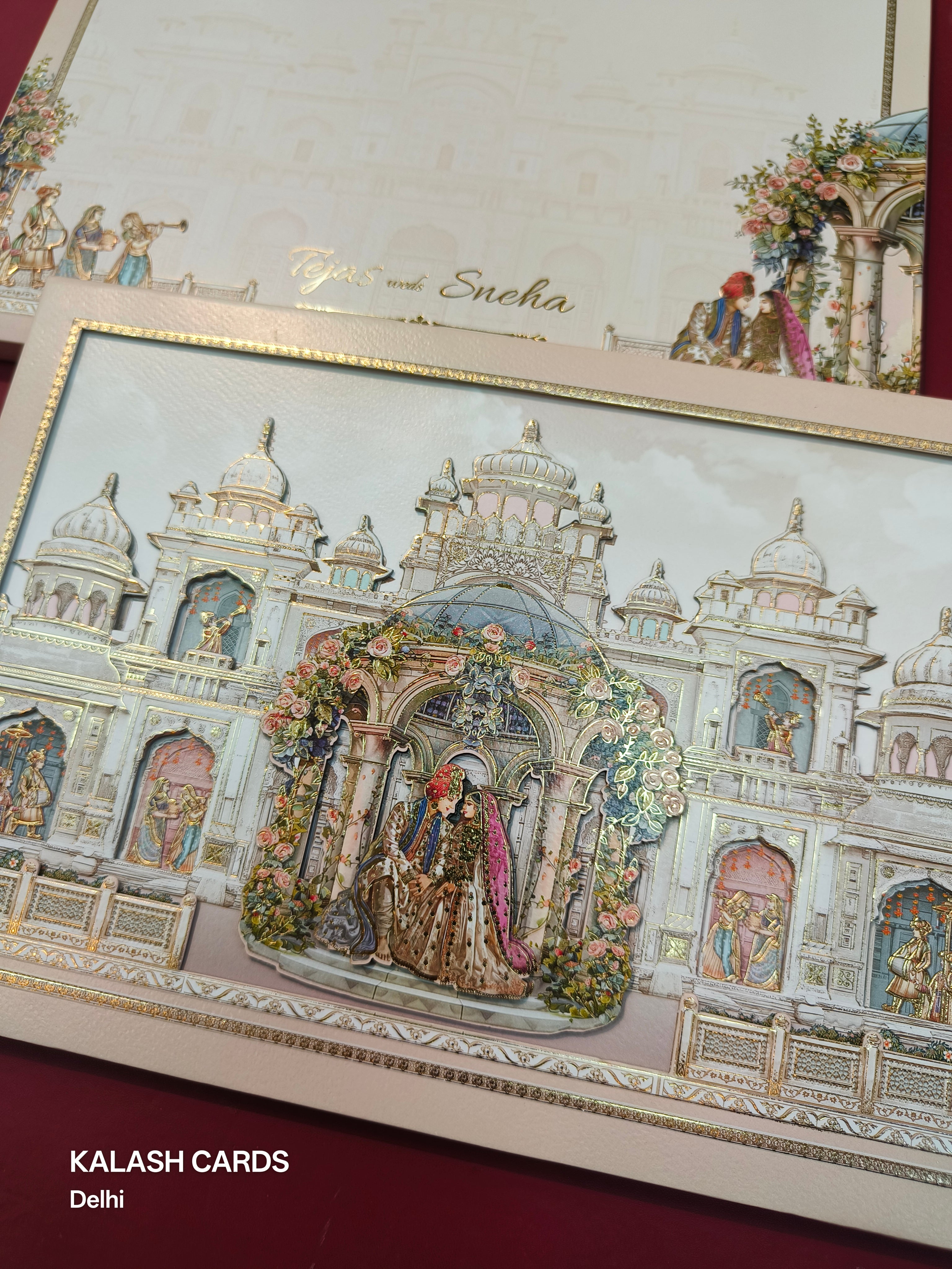 KLB518 Royal Fort Theme Glitter Gold Laser Cut Work Hardboard Padding Thick Wedding Card (2 Thick Page)-Kalash Cards
