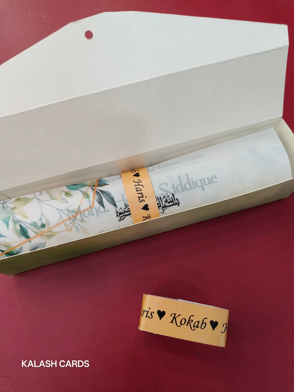 KL2094 Luxury Translucent Scroll Wedding Card with Matching Box Cover and Personalised Band-Kalash Cards