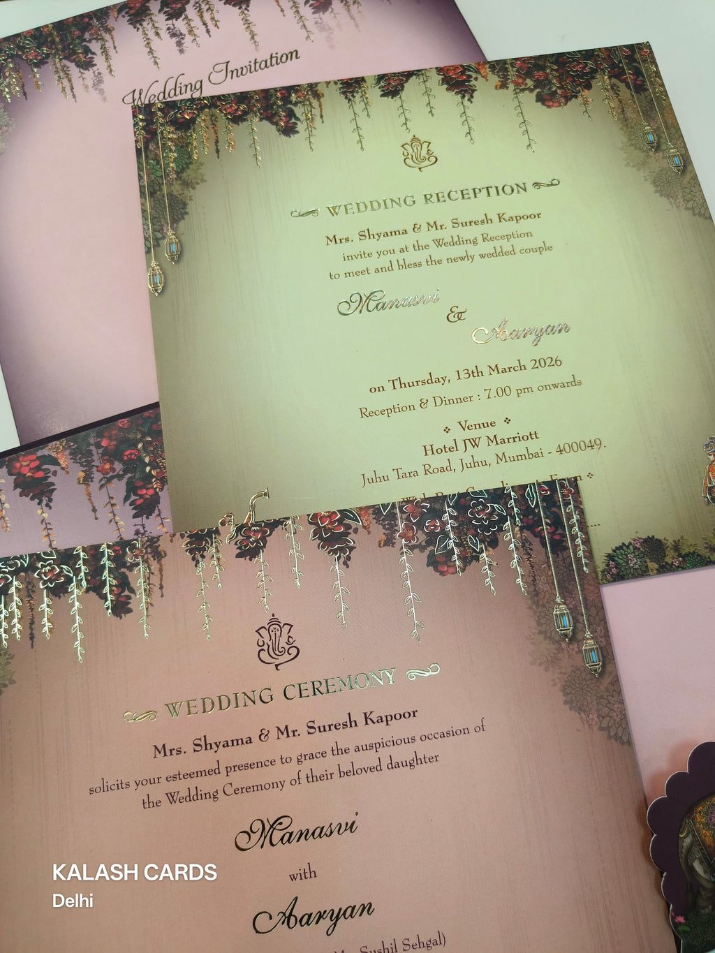 KLB512 Royal Barat Theme Glitter Gold Laser Cut Work Hardboard Padding Thick Wedding Card (2 Thick Page)-Kalash Cards