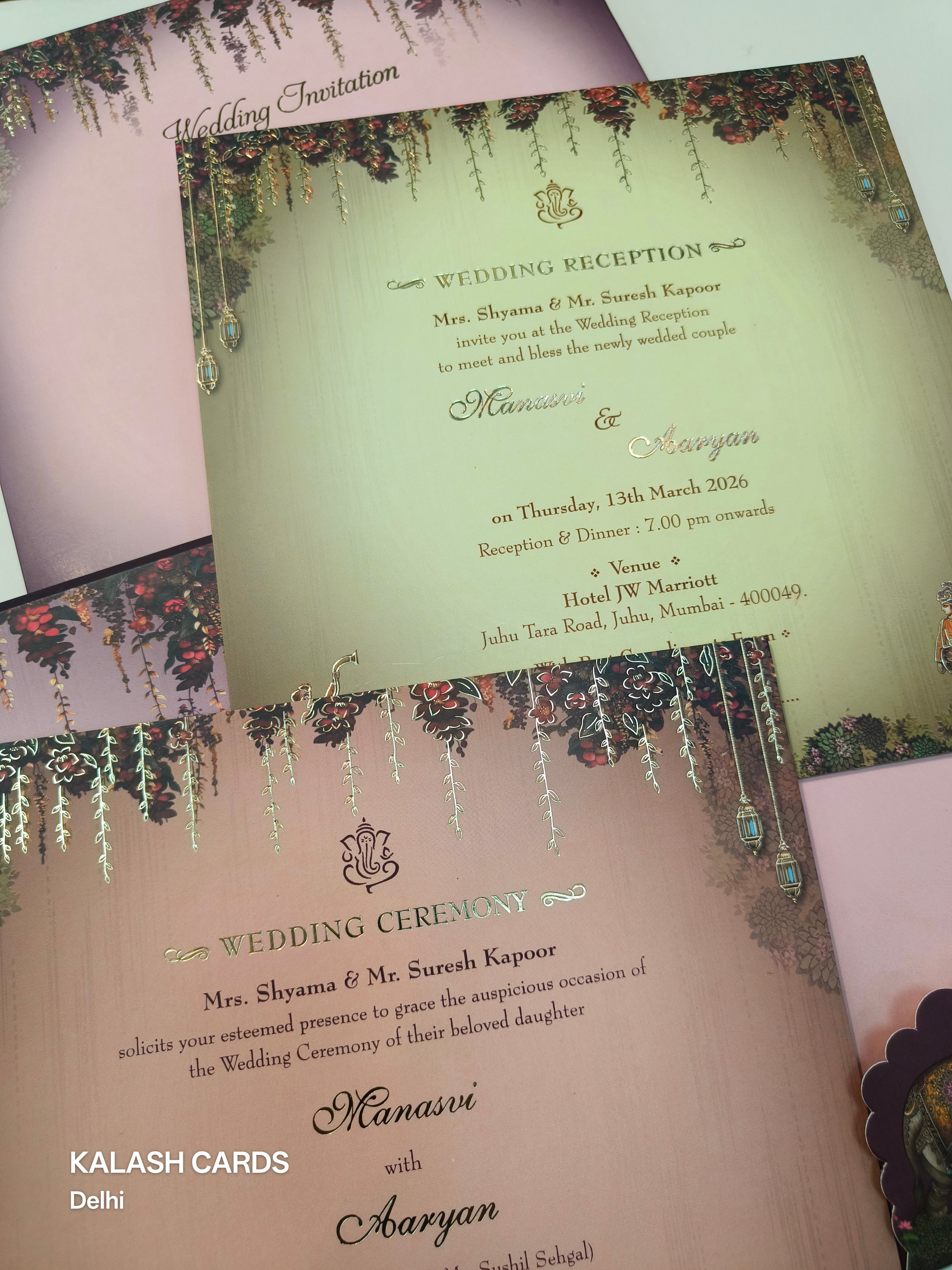 KLB512 Royal Barat Theme Glitter Gold Laser Cut Work Hardboard Padding Thick Wedding Card (2 Thick Page)-Kalash Cards