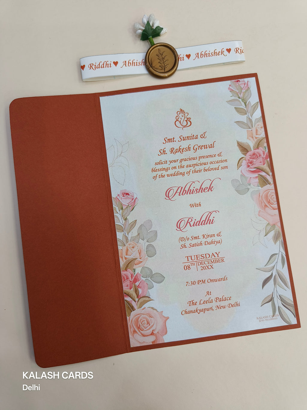 KL2159 Floral Theme Minimal Wedding Card with Flower Seal & Band (1 Page) - Pack of 10 Qty-Kalash Cards