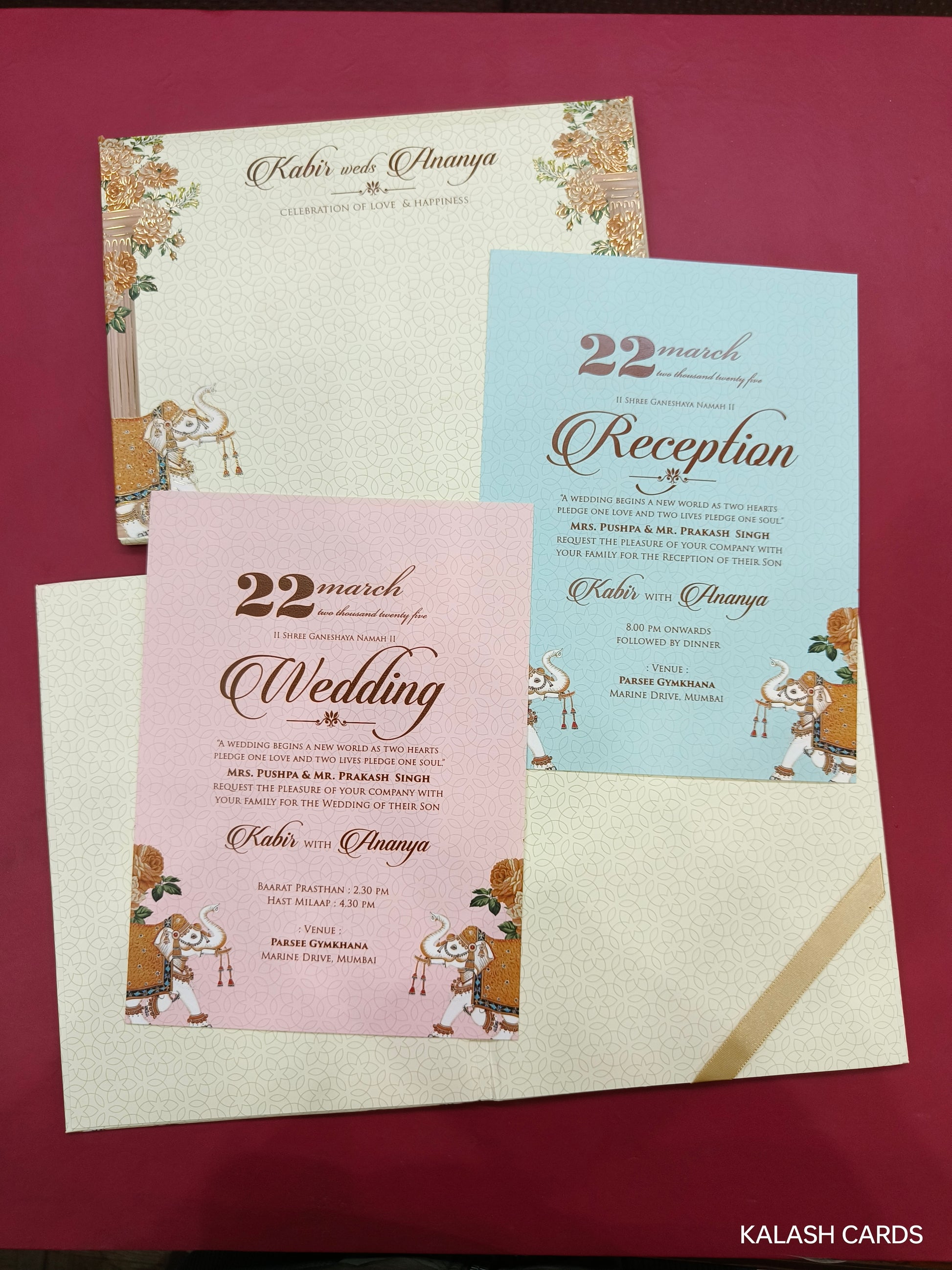 KLB694* Luxury Floral Elephant Design Hardbound Padding Thick Wedding Card with Couple Name Acrylic Mirror-Kalash Cards