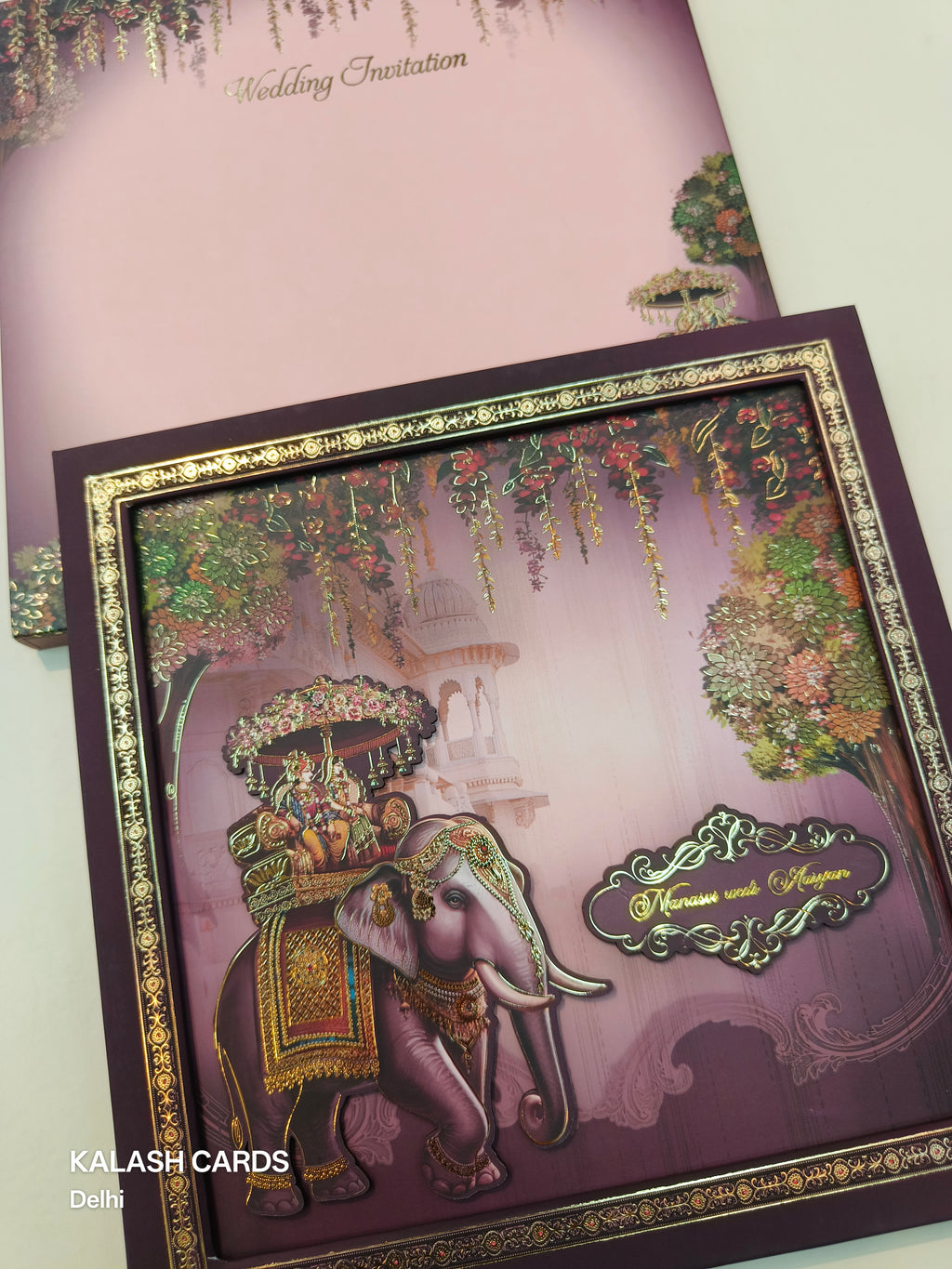 KLB512 Royal Barat Theme Glitter Gold Laser Cut Work Hardboard Padding Thick Wedding Card (2 Thick Page)-Kalash Cards