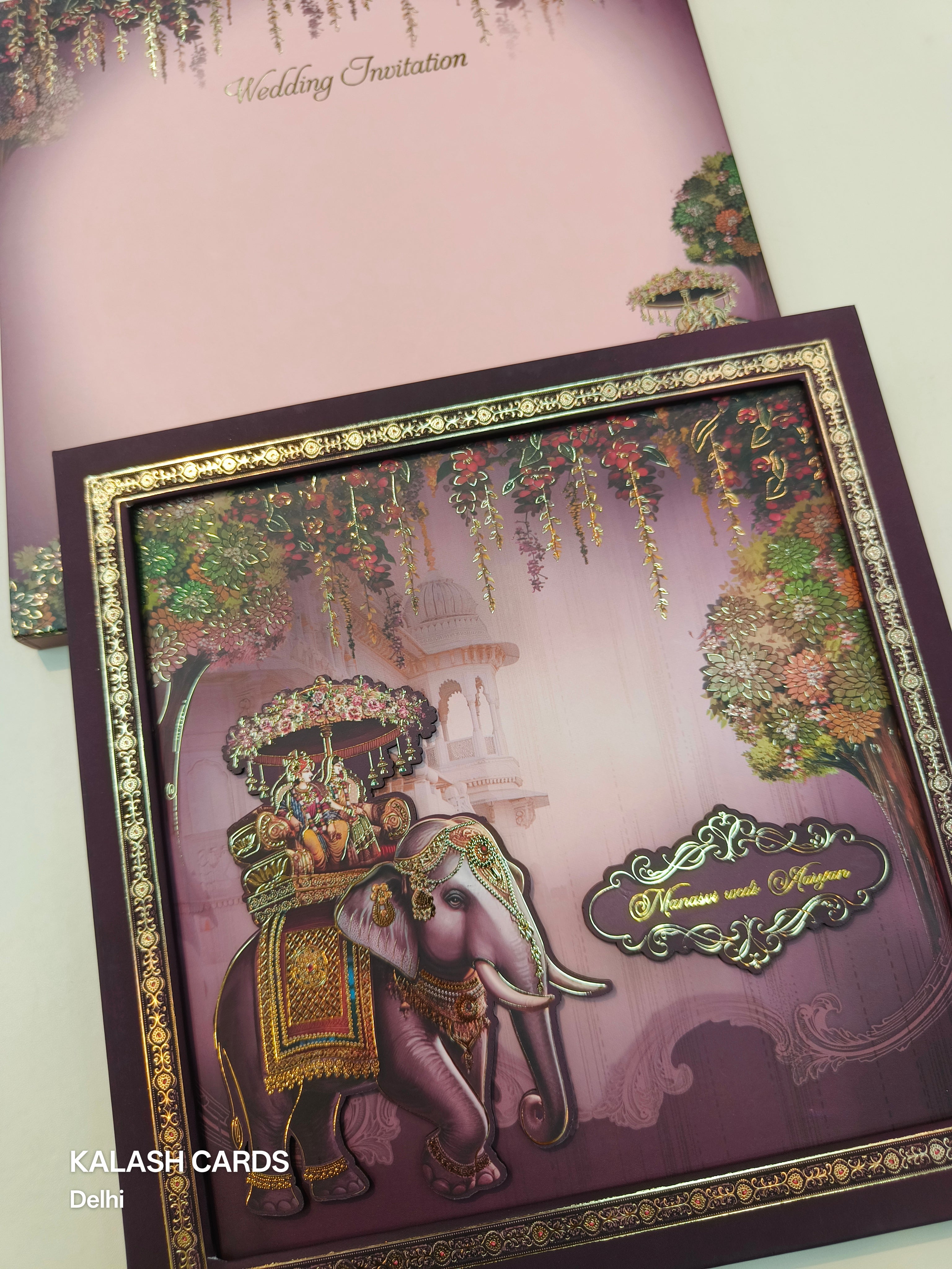 KLB512 Royal Barat Theme Glitter Gold Laser Cut Work Hardboard Padding Thick Wedding Card (2 Thick Page)-Kalash Cards