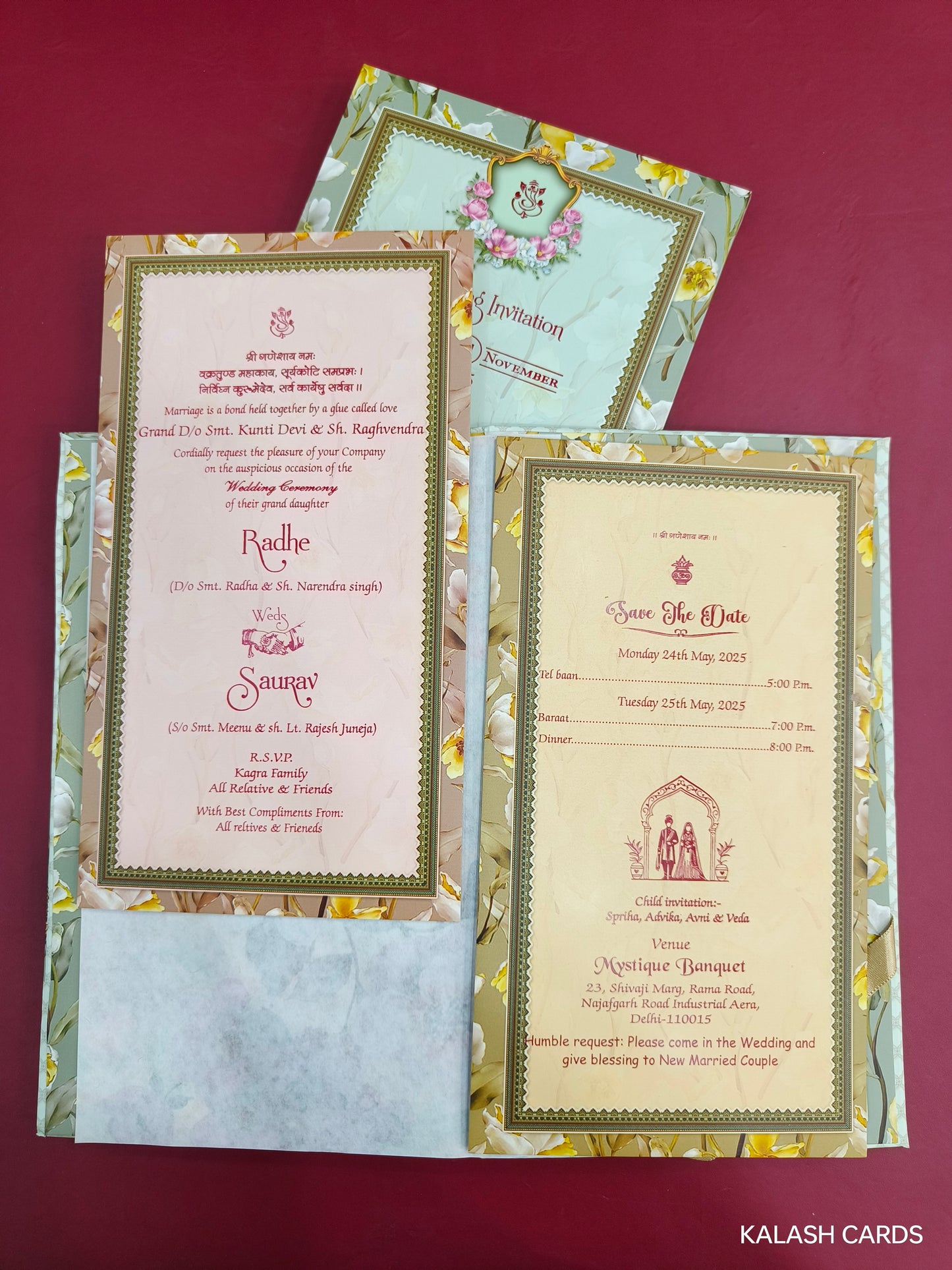 KLB732 Floral Design Hardbound Padding Thick Wedding Card with Couple Name Acrylic Mirror-Kalash Cards