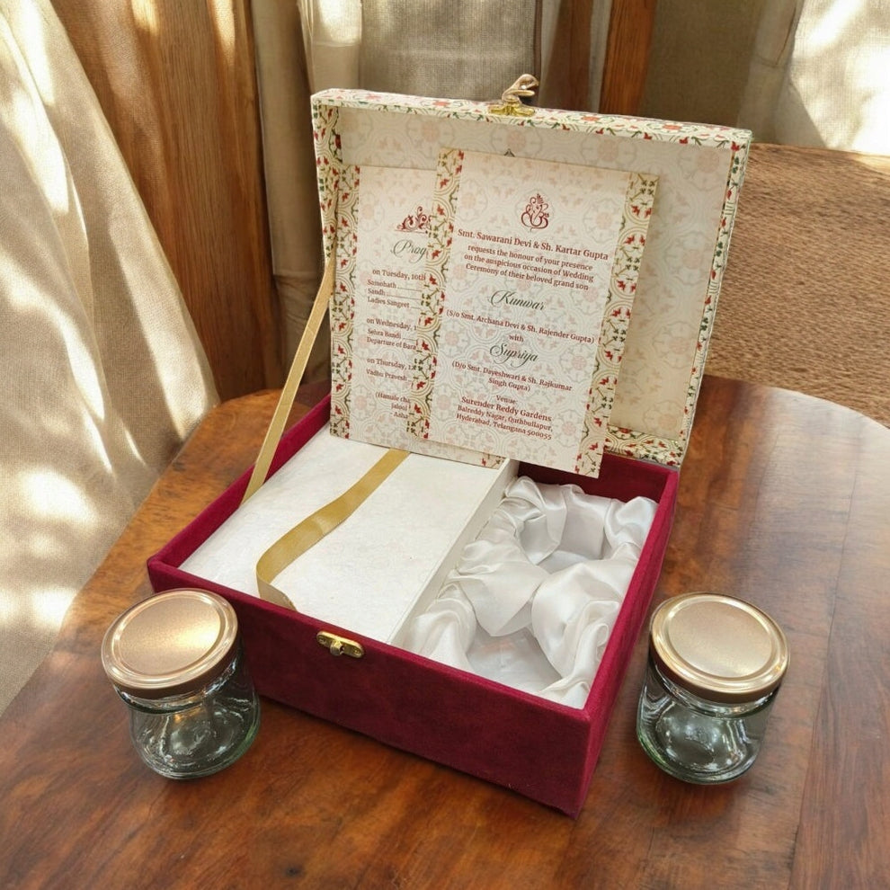 KL9115 Velvet Fabric Mithai and Dry Fruit MDF Wedding Gift Box with 2 Card Inserts (4 Jars)-Kalash Cards