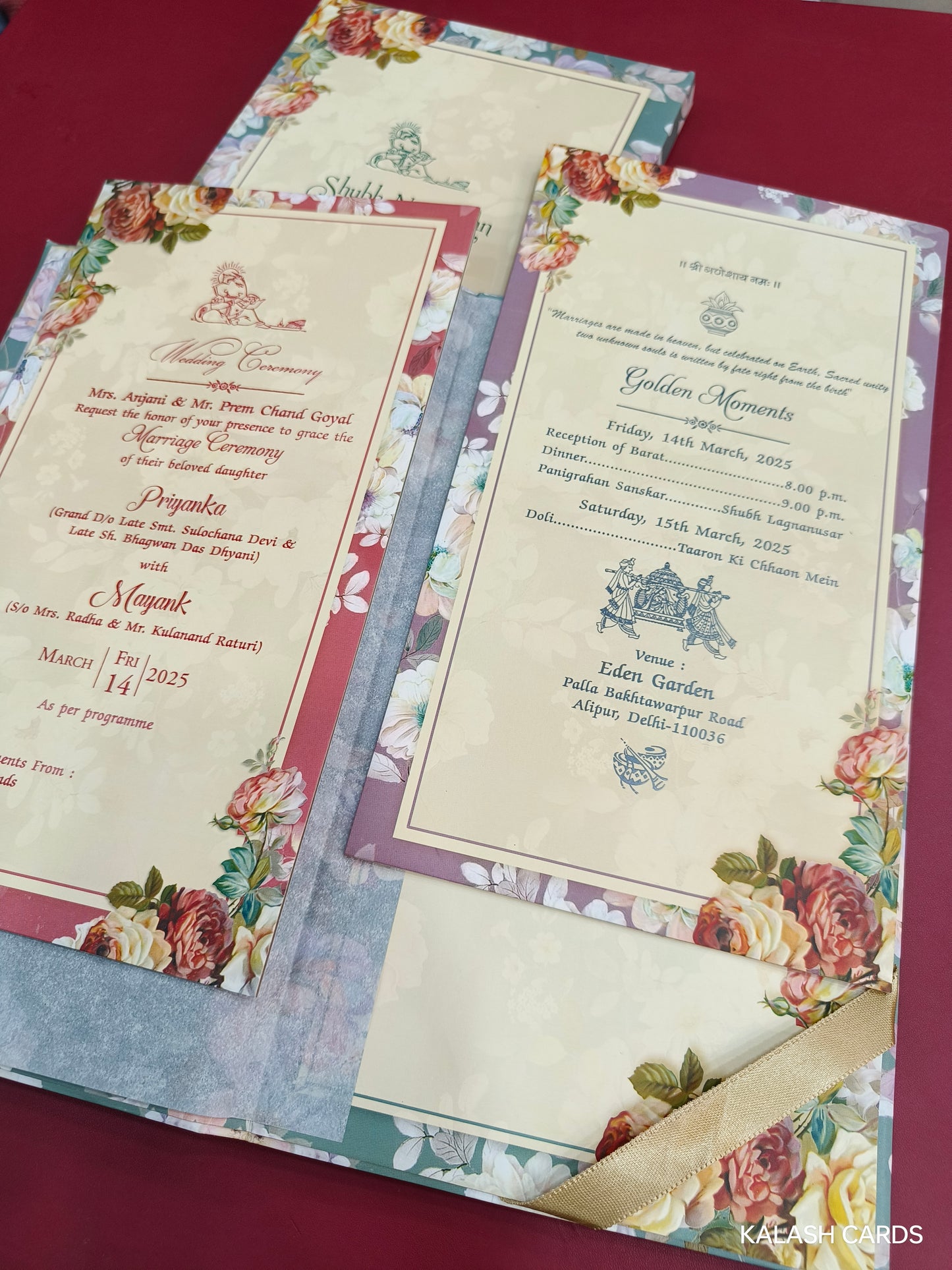 KLB733 Floral Design Hardbound Padding Thick Wedding Card with Couple Name Acrylic Mirror-Kalash Cards