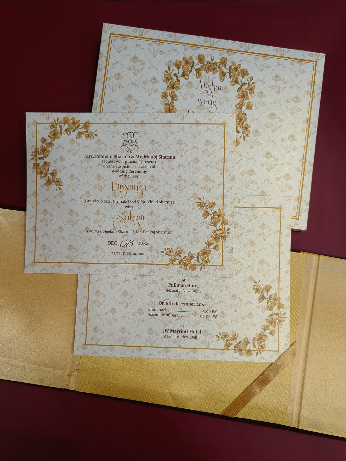 KL2130 Floral Design Door Style Velvet Fabric Thick Luxury Wedding Card with 2 Cards and Envelope-Kalash Cards