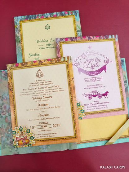 KLB742 Raja Rani Traditional Design Hardbound Padding Thick Wedding Card-Kalash Cards