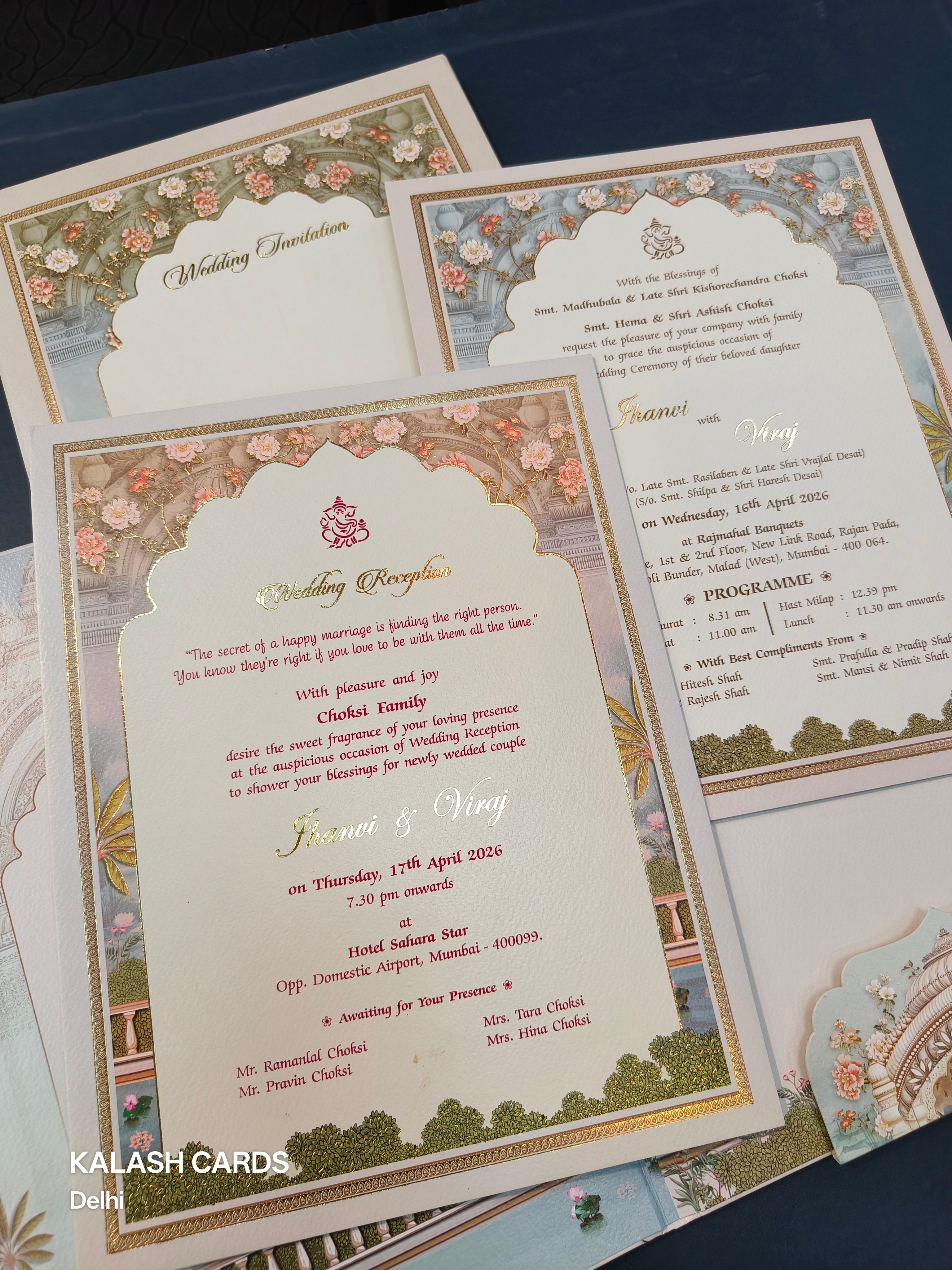 KLB507 Lord Vishnu Laxmi Theme Glitter Gold Laser Cut Work Hardboard Padding Thick Wedding Card (2 Thick Page)-Kalash Cards