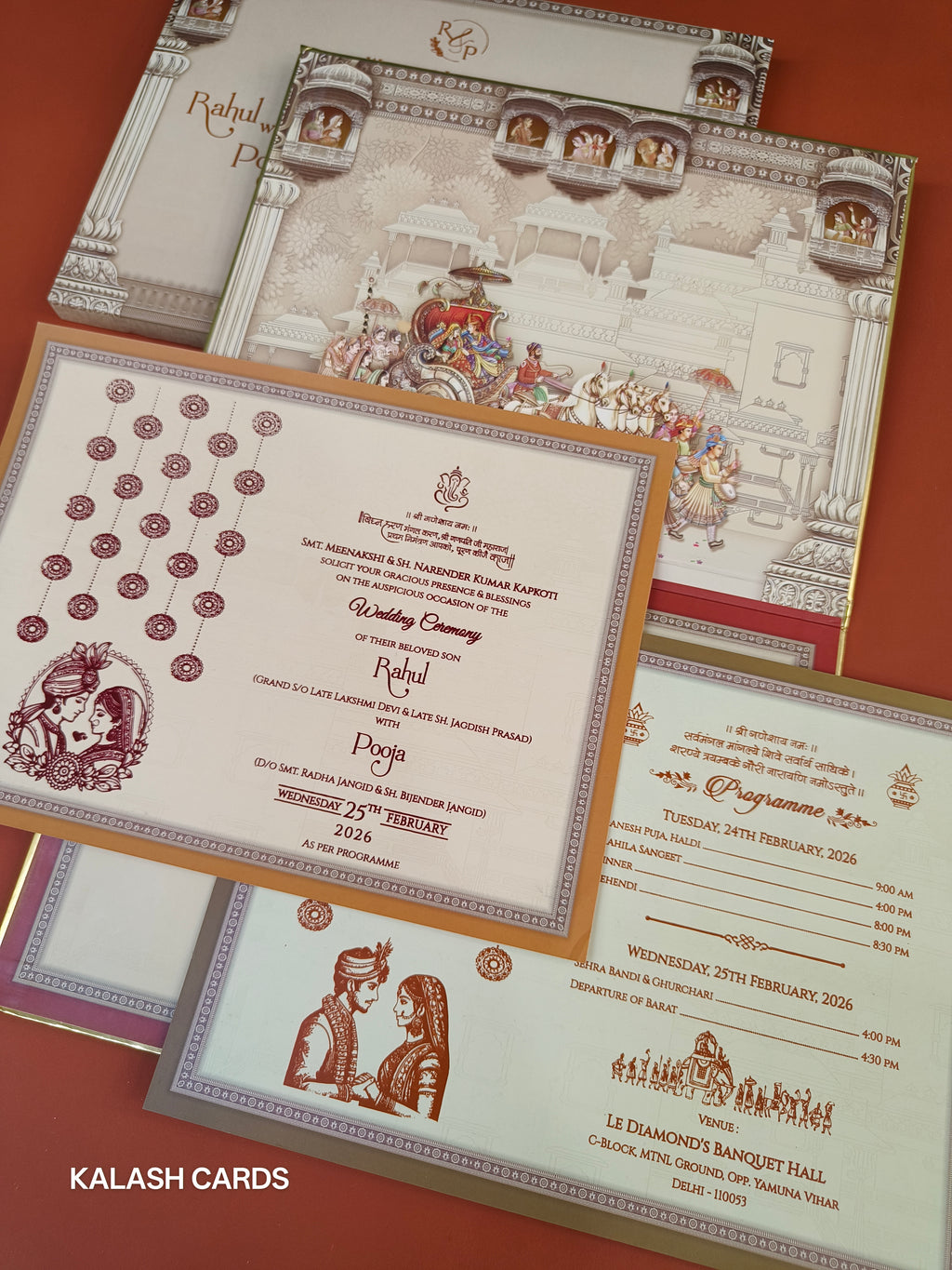 KLB564 Raja Rani Theme Raja Rani Design Hardboard Padding Thick Wedding Card (2 Page)-Kalash Cards