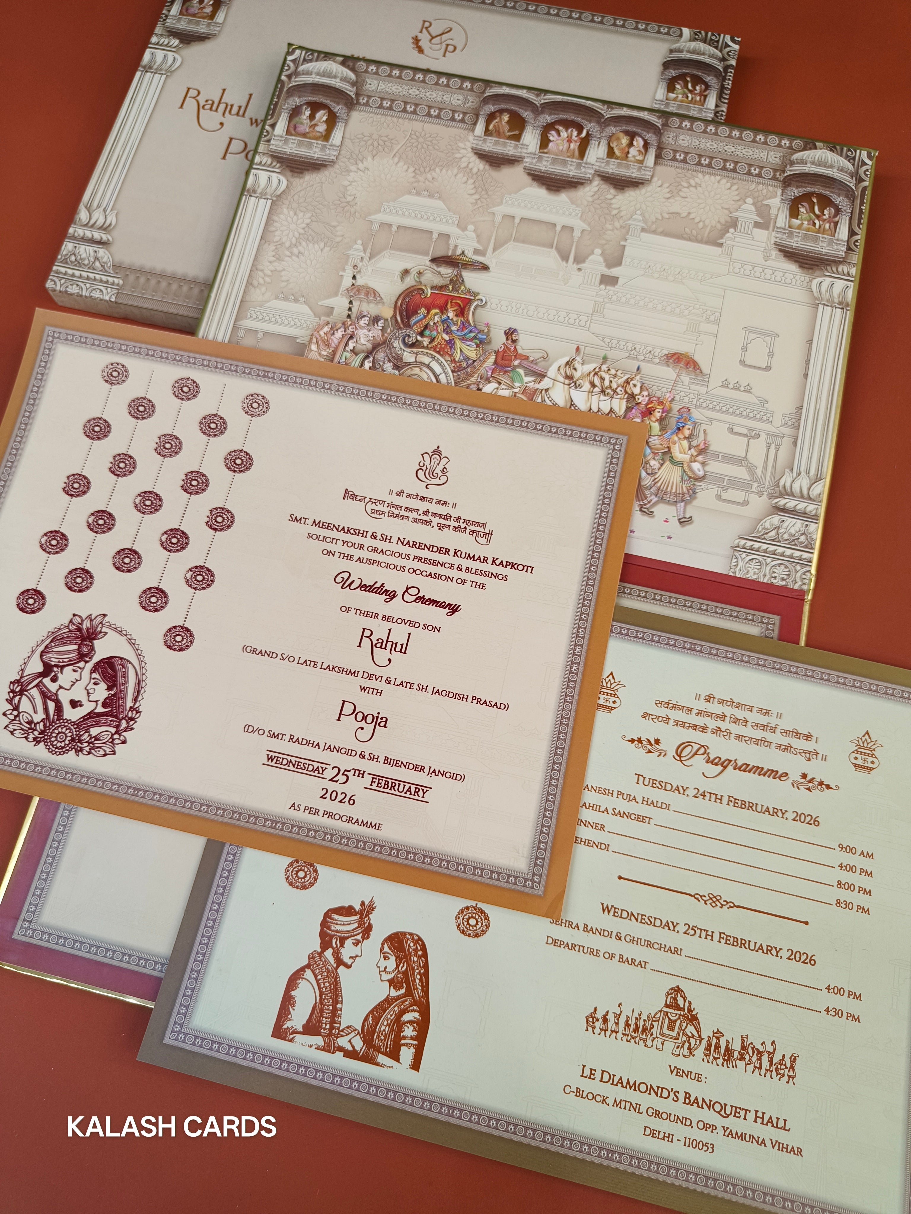 KLB564 Raja Rani Theme Raja Rani Design Hardboard Padding Thick Wedding Card (2 Page)-Kalash Cards