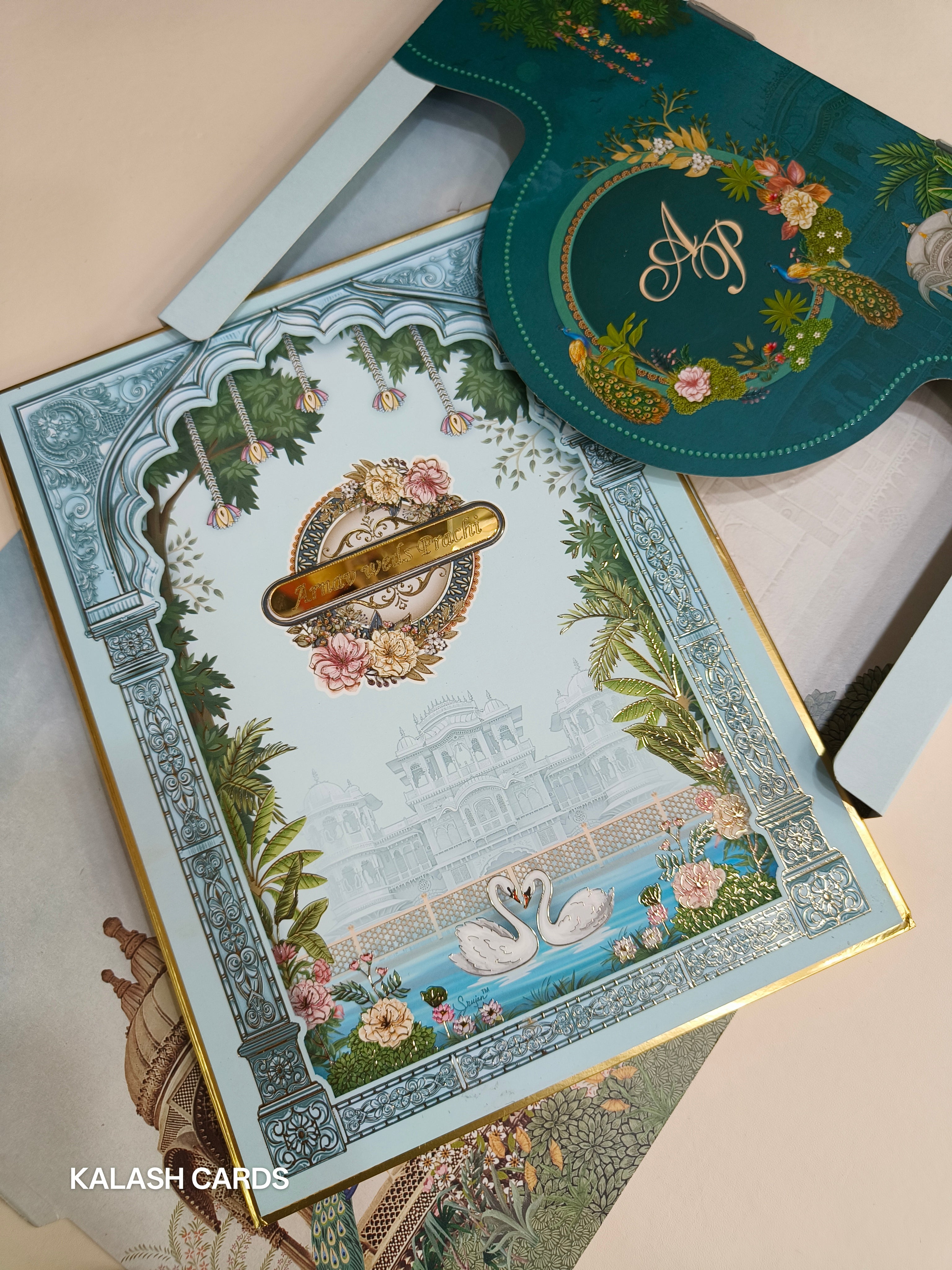 KLB514 Royal Fort Theme Hardboard Padding Thick Wedding Card (2 Page & 1 Etched Mirror)-Kalash Cards