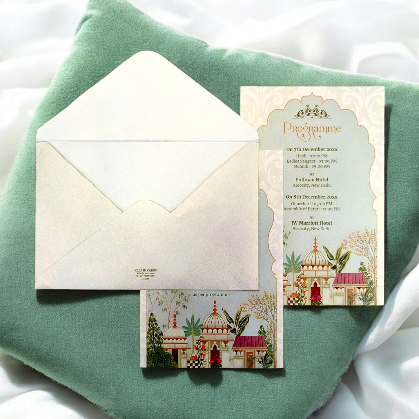 KL2218 Royal Fort Design Luxury Wedding Invitation Card with 2 Printed Cards and Matching Envelope-Kalash Cards