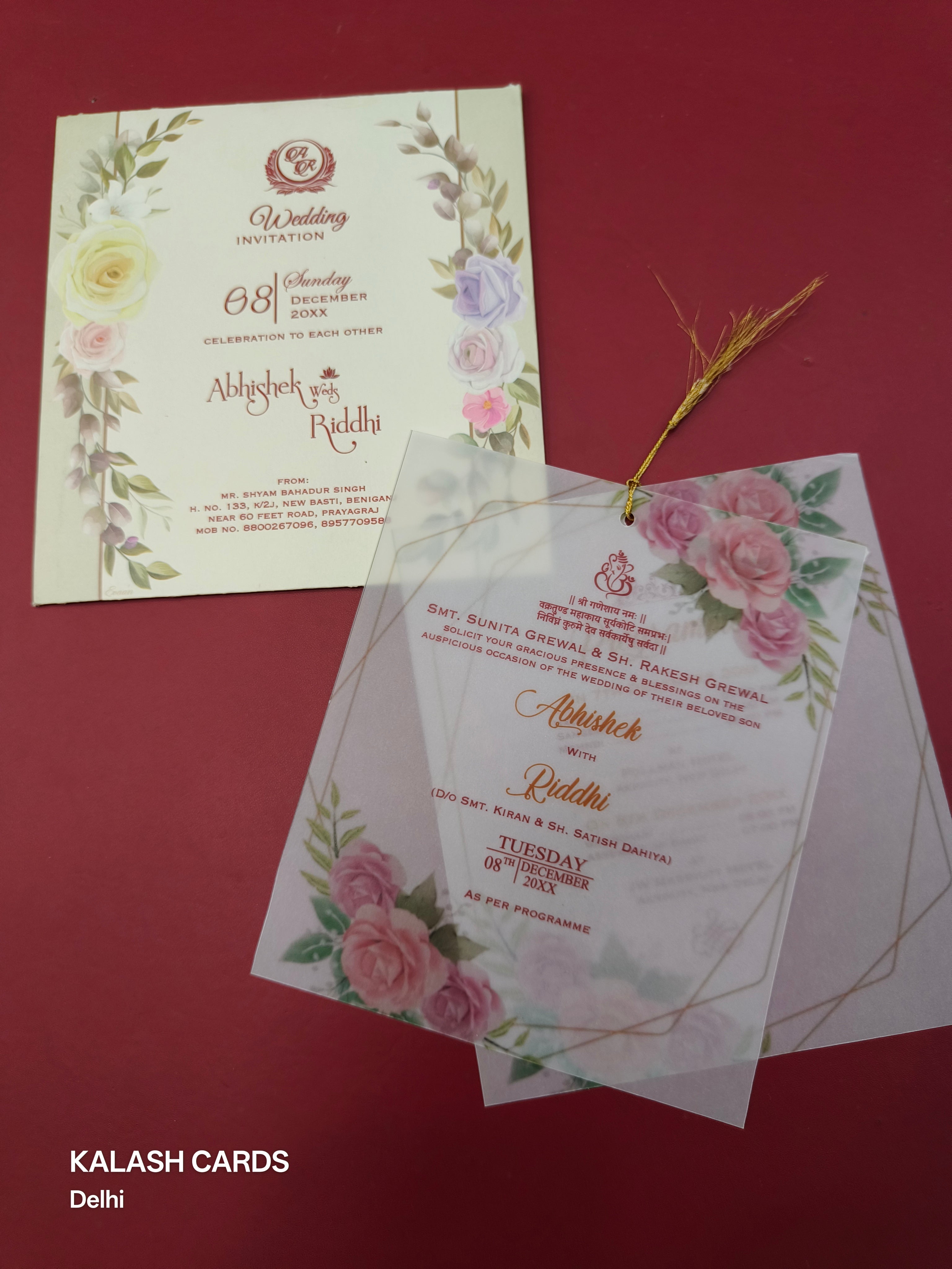 KL2191 Floral Design Translucent Wedding Card (2 Page) - Pack of 10 Qty-Kalash Cards