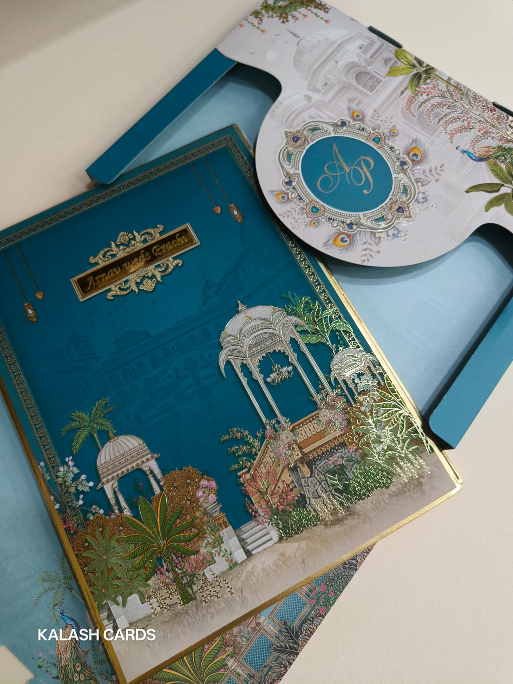 KLB520 Royal Fort Pichwai Theme Hardboard Padding Thick Wedding Card (2 Page & 1 Etched Mirror)-Kalash Cards