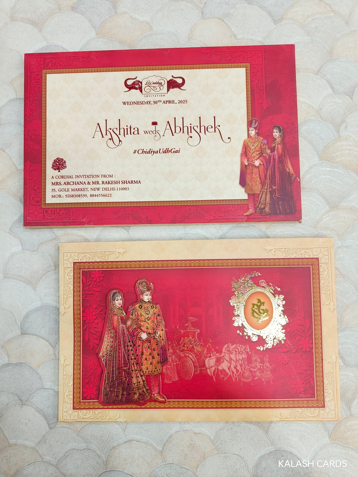 KLB737 Raja Rani Traditional Design Hardbound Padding Thick Indian Wedding Card-Kalash Cards