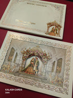 KLB529 Pastel Green Raja Rani Theme Laser Cut Work Hardboard Padding Thick Wedding Card (2 Thick Page)-Kalash Cards