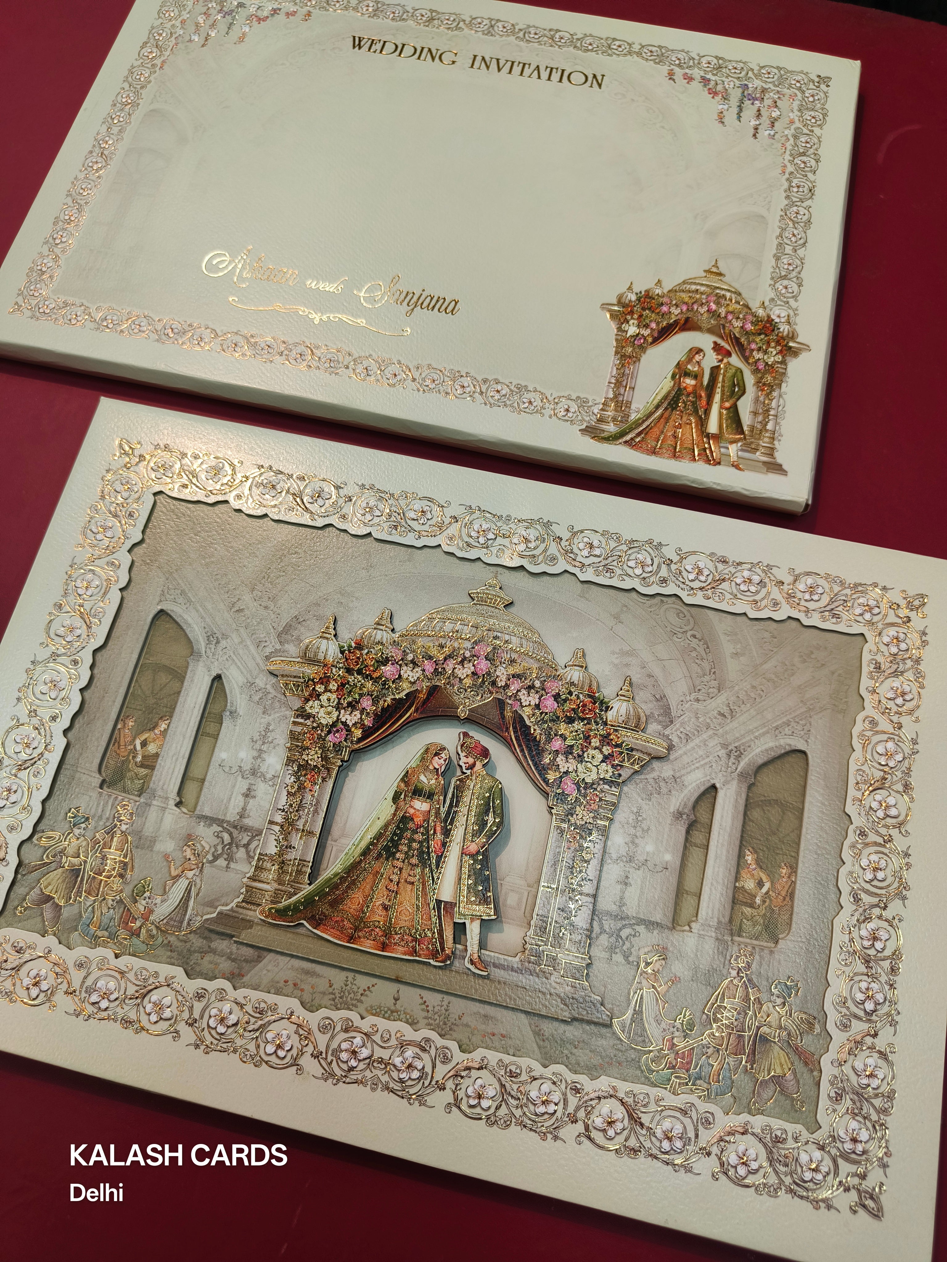 KLB529 Pastel Green Raja Rani Theme Laser Cut Work Hardboard Padding Thick Wedding Card (2 Thick Page)-Kalash Cards