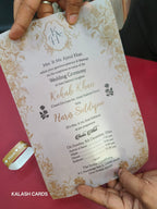 KL2142 Luxury Translucent Scroll Wedding Card with Matching Box Cover and Personalised Band-Kalash Cards