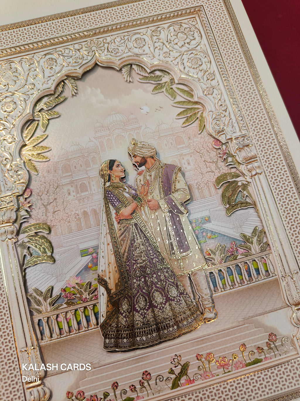 KLB522 Jharokha Raja Rani Theme Laser Cut Work Hardboard Padding Thick Wedding Card (2 Thick Page)-Kalash Cards