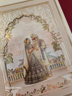 KLB522 Jharokha Raja Rani Theme Laser Cut Work Hardboard Padding Thick Wedding Card (2 Thick Page)-Kalash Cards