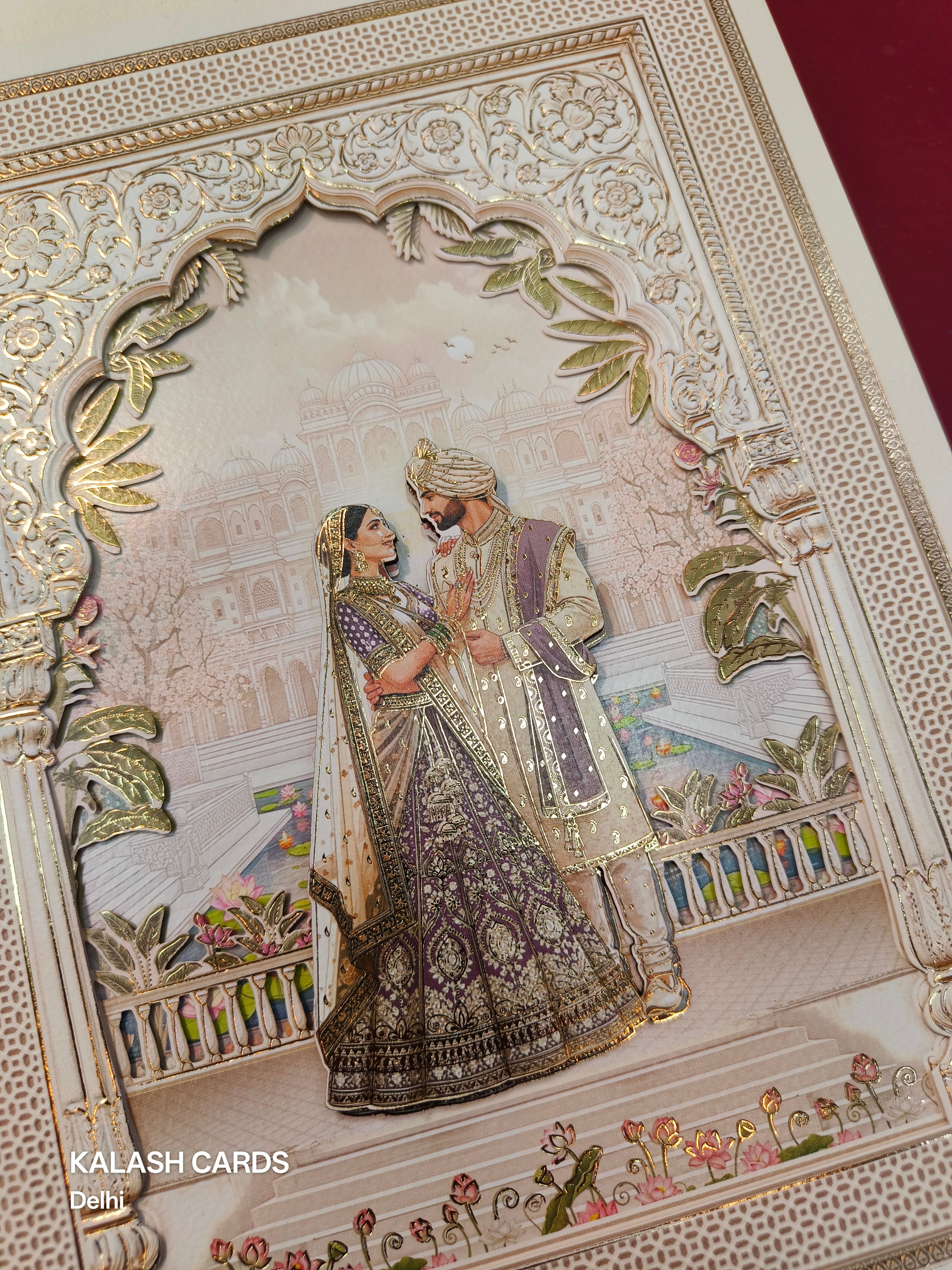 KLB522 Jharokha Raja Rani Theme Laser Cut Work Hardboard Padding Thick Wedding Card (2 Thick Page)-Kalash Cards