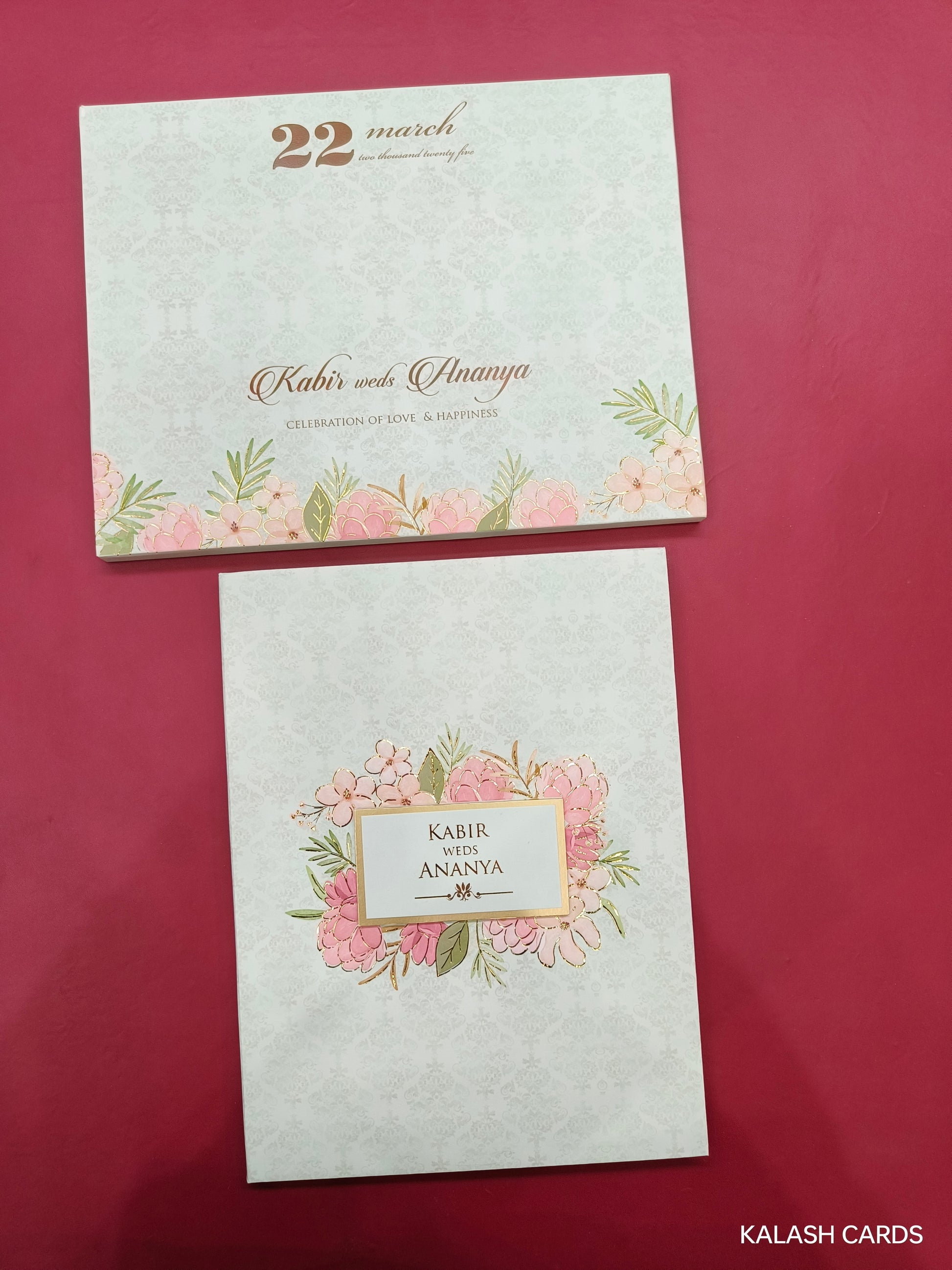 KLB698* Luxury Floral Design Hardbound Padding Thick Wedding Card with Couple Name Acrylic Mirror-Kalash Cards