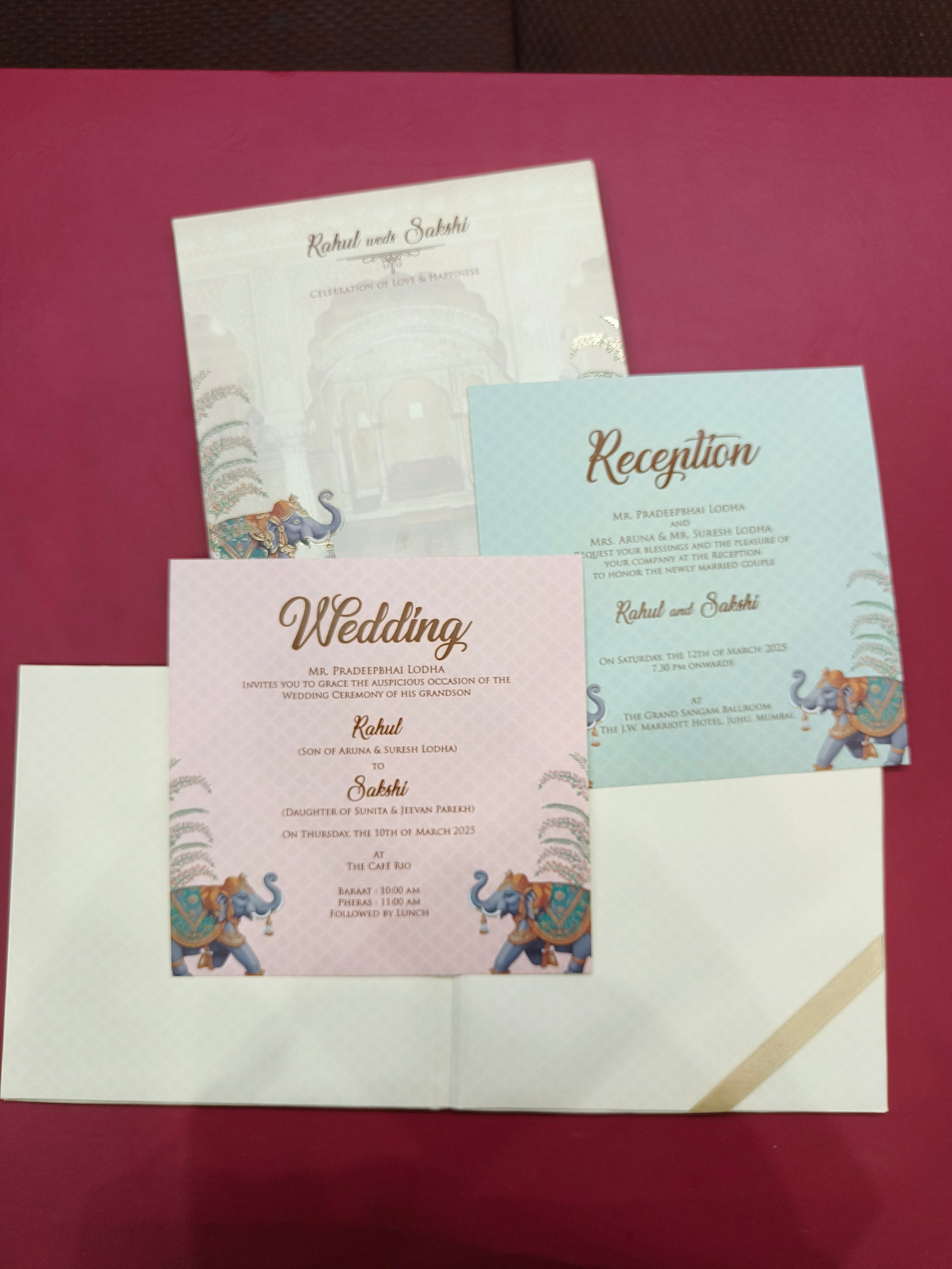 KLB692* Luxury Traditional Elephant Design Hardbound Padding Thick Wedding Card with Couple Name Acrylic Mirror-Kalash Cards