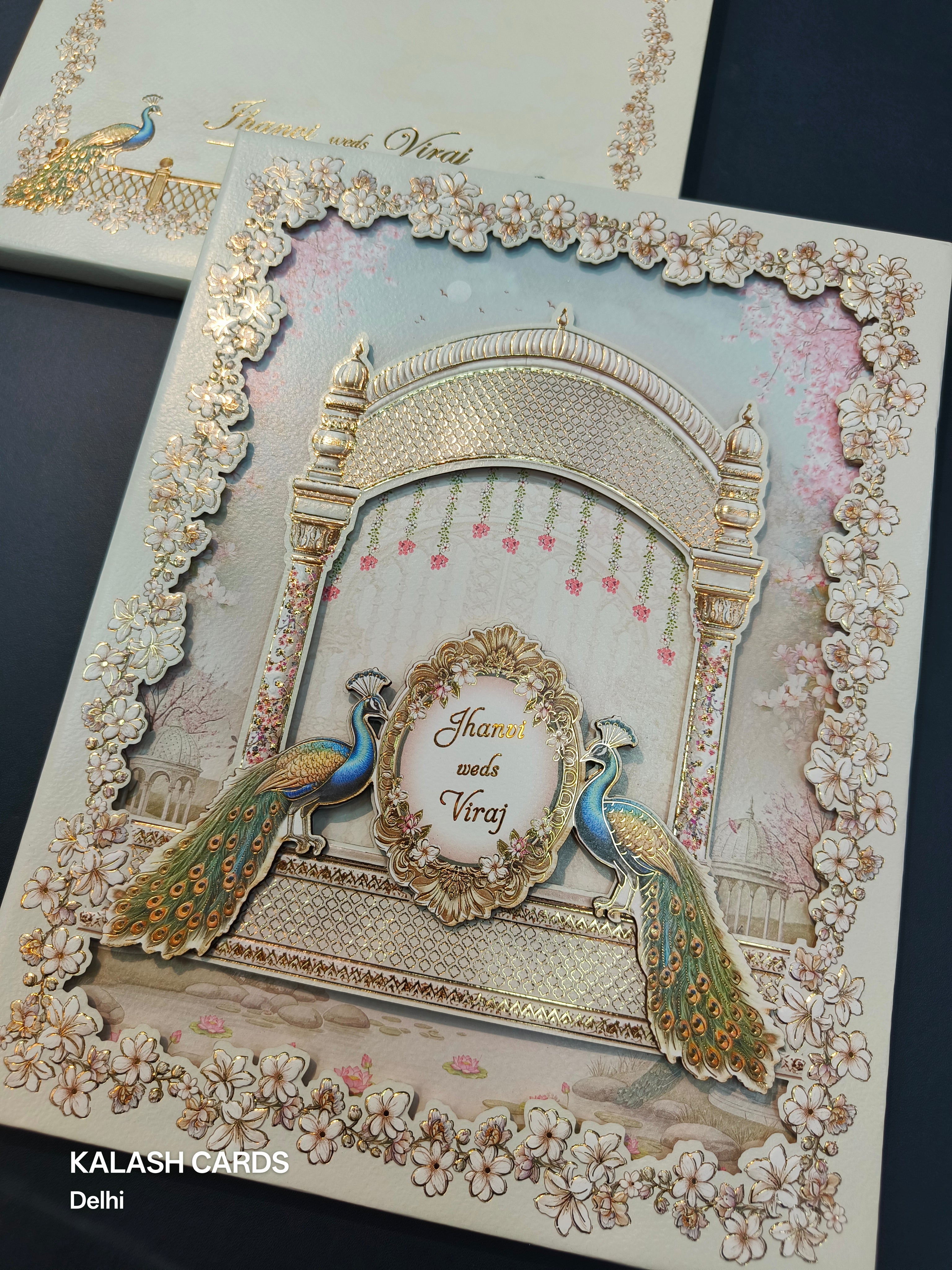 KLB508 Peacock Theme Glitter Gold Laser Cut Work Hardboard Padding Thick Wedding Card (2 Thick Page)-Kalash Cards