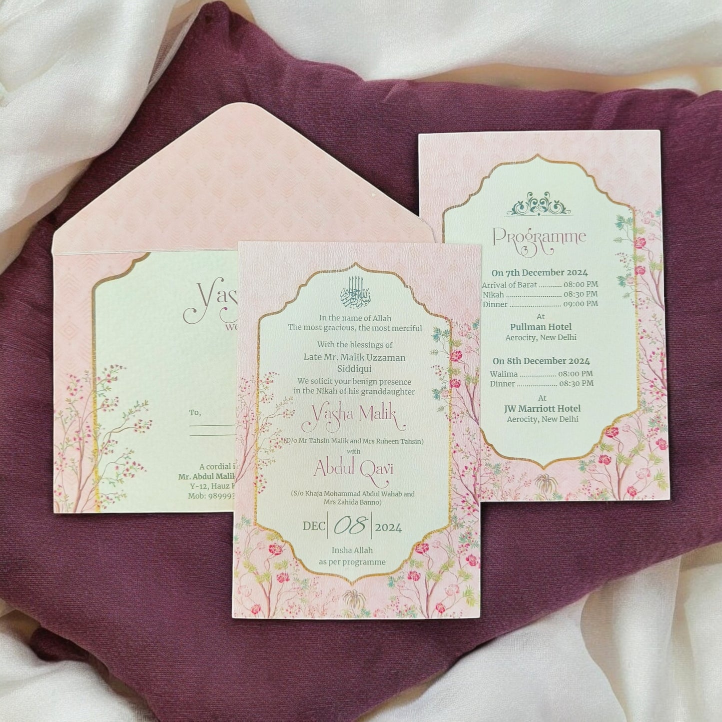 KL2213 Royal Floral Design Luxury Wedding Invitation Card with 2 Printed Cards & Matching Envelope