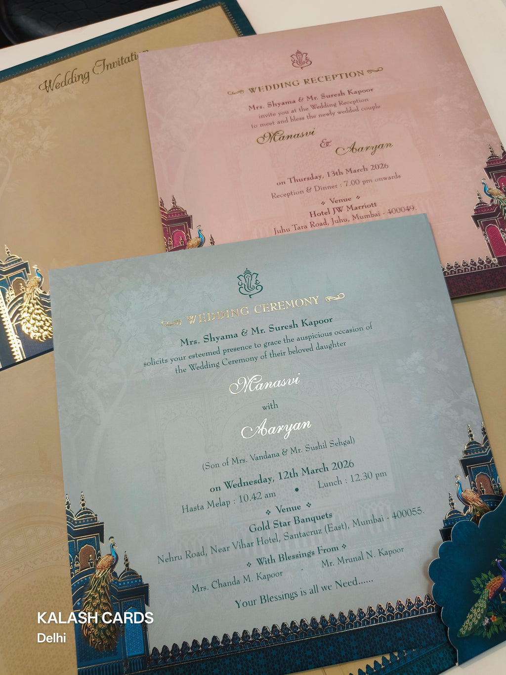 KLB515 Royal Blue Peacock Theme Glitter Gold Laser Cut Work Hardboard Padding Thick Wedding Card (2 Thick Page)-Kalash Cards