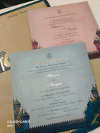 KLB515 Royal Blue Peacock Theme Glitter Gold Laser Cut Work Hardboard Padding Thick Wedding Card (2 Thick Page)-Kalash Cards