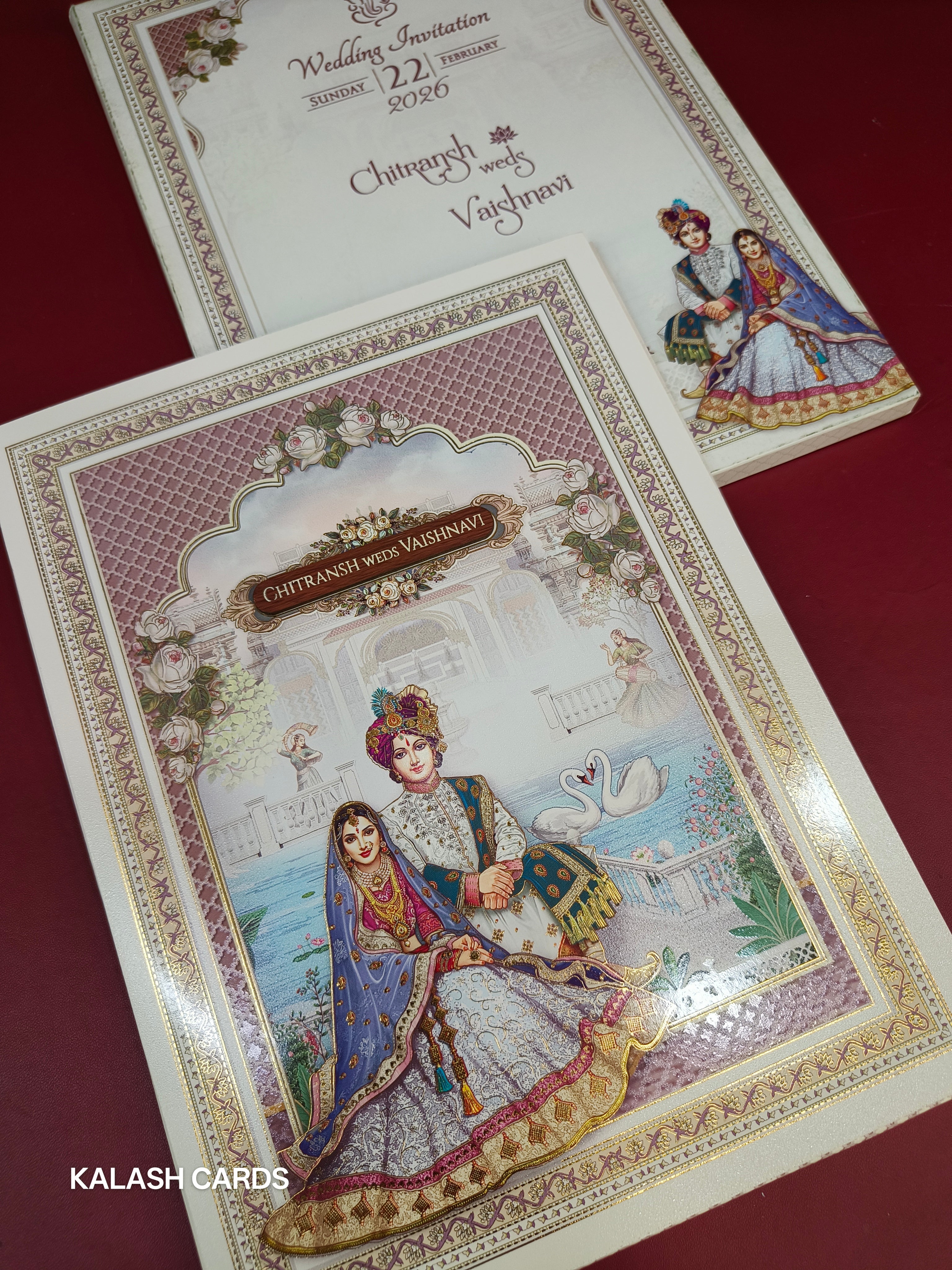 KLB531 Raja Rani Design Semi Box Paper Wedding Card (2 Page)-Kalash Cards