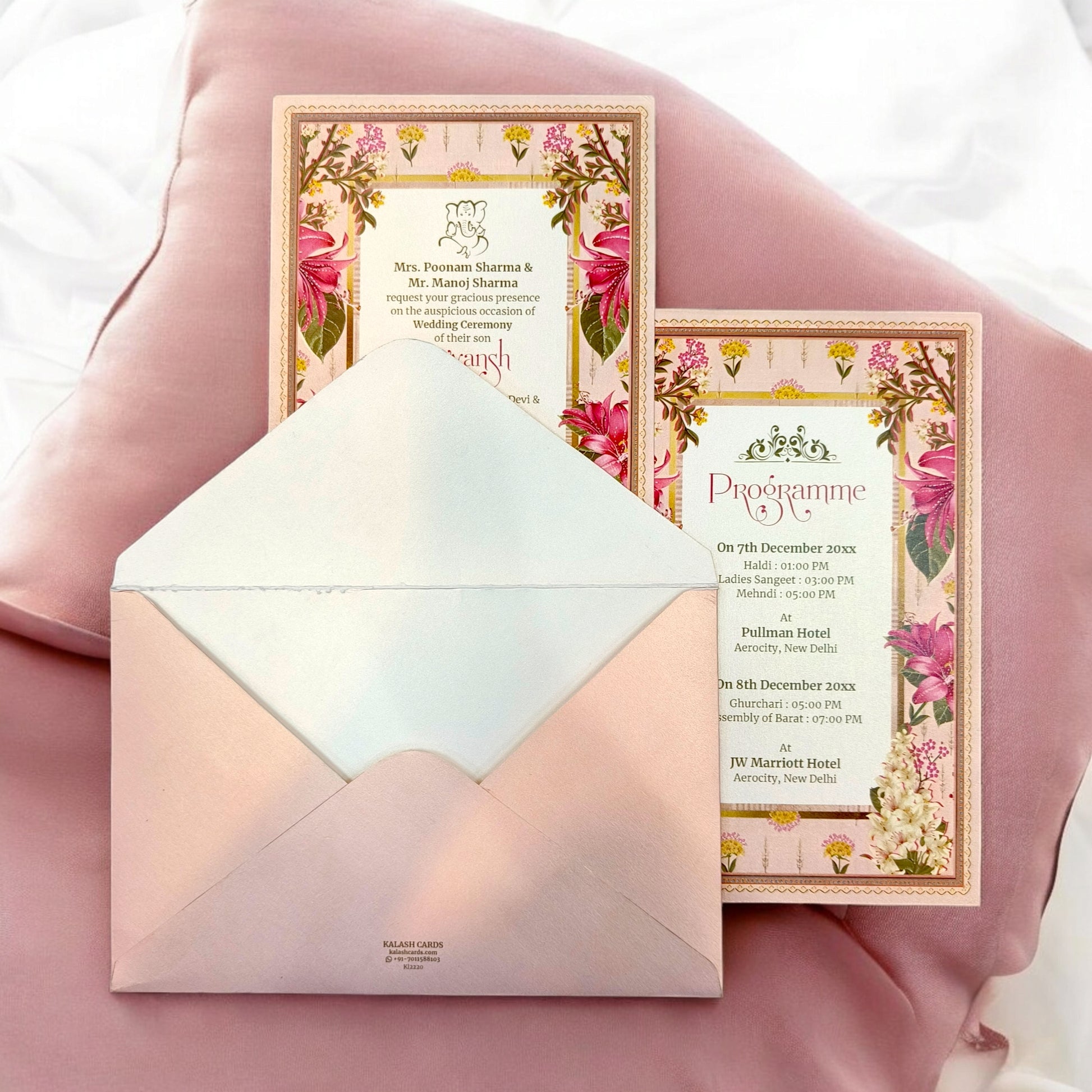 KL2220 Floral Design Luxury Wedding Invitation Card with 2 Printed Cards and Matching Envelope-Kalash Cards