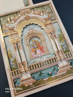 KLB507 Lord Vishnu Laxmi Theme Glitter Gold Laser Cut Work Hardboard Padding Thick Wedding Card (2 Thick Page)-Kalash Cards