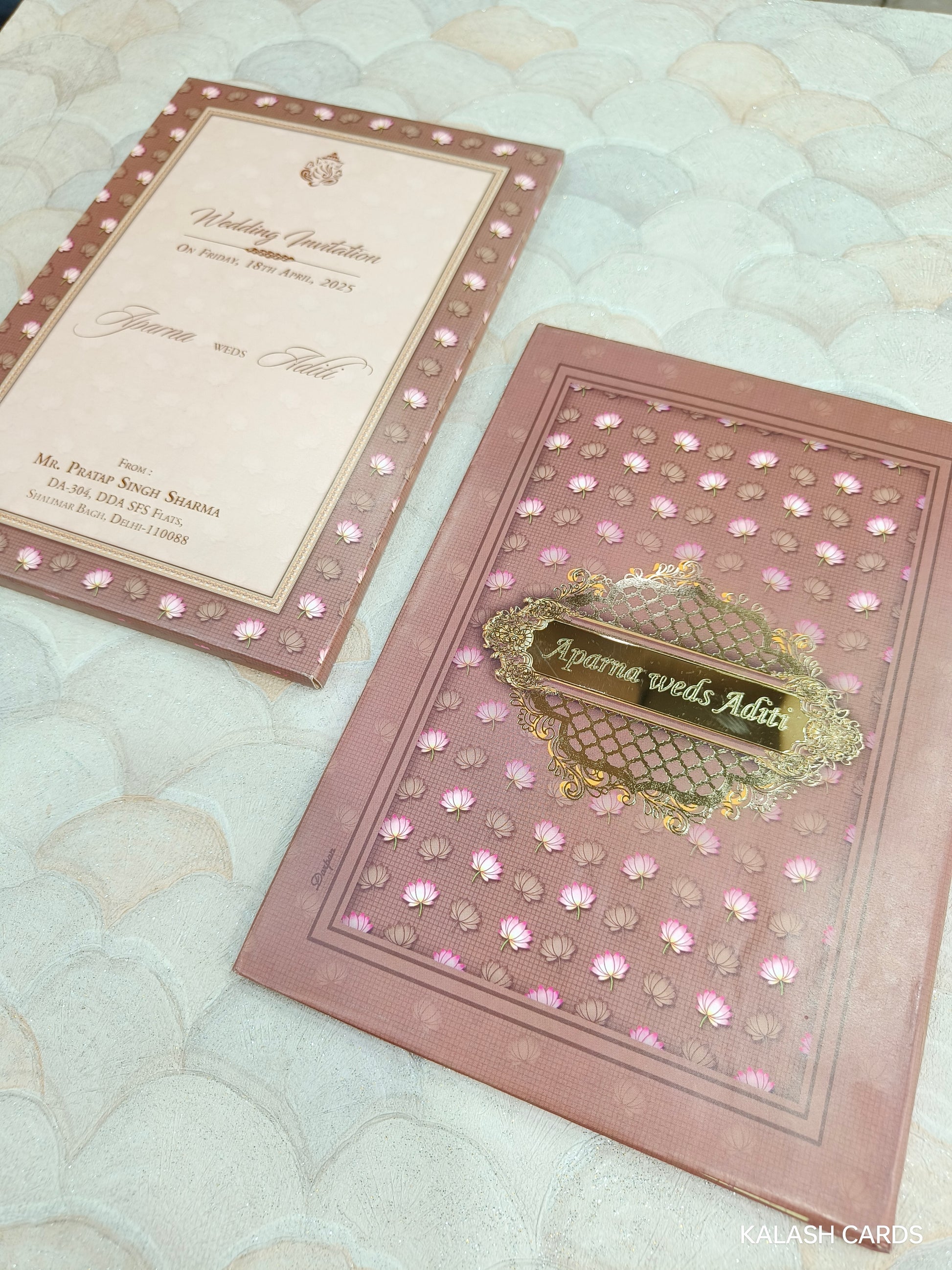 KLB729 Floral Design Hardbound Padding Thick Wedding Card with Couple Name Acrylic Mirror-Kalash Cards