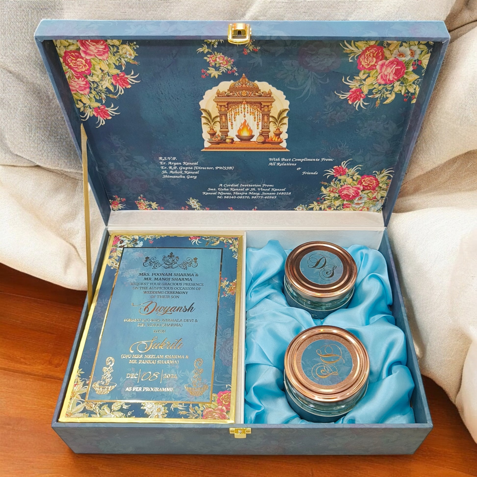 KL2136 Royal Fort Design MDF Wedding Gift Box with Customisable 2 Gold Foil Printed Cards (2 Jars)-Kalash Cards