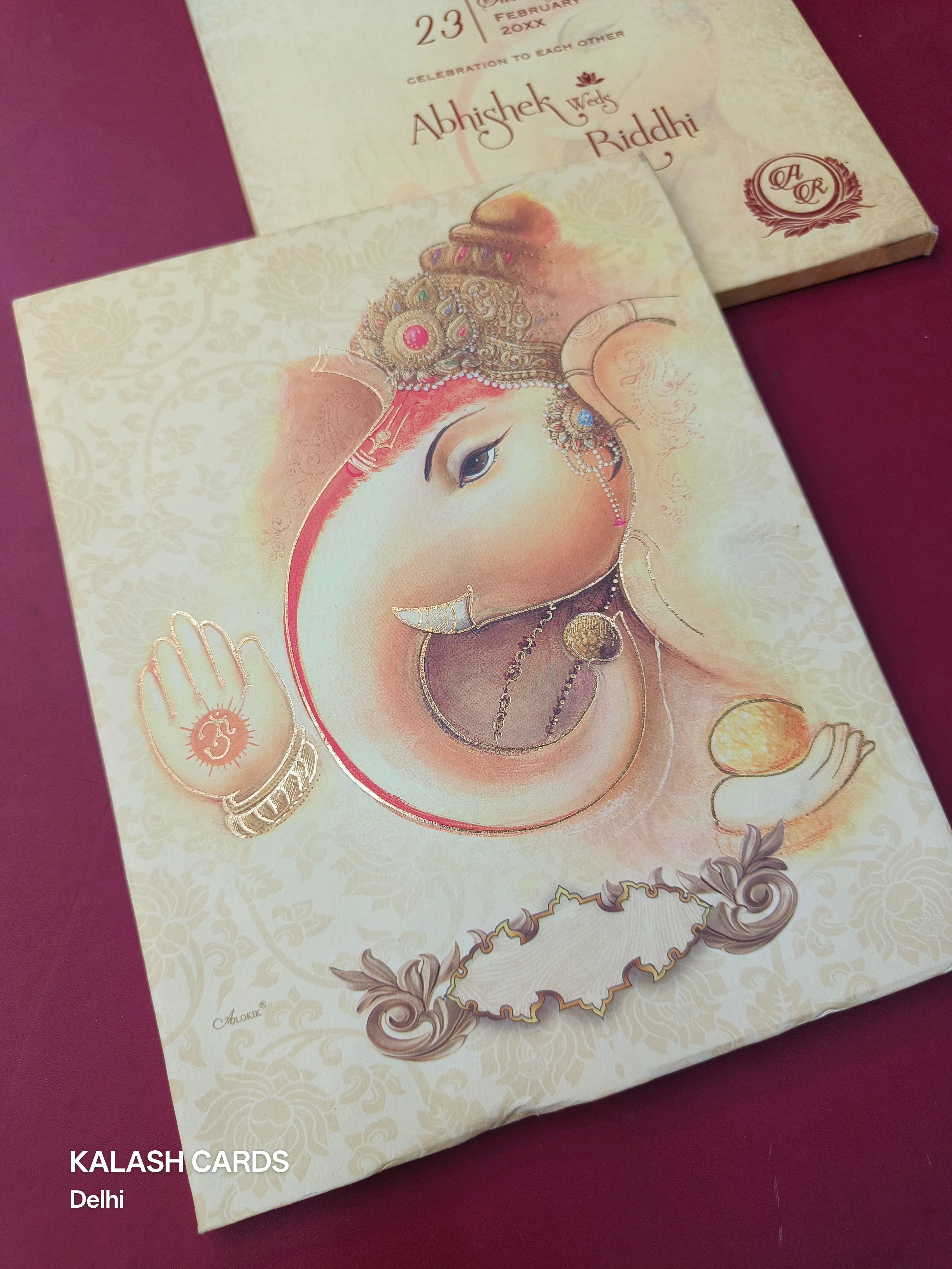 KL03651 Hindu Hardboard Padding Thick Wedding Card with 2 Page and Envelope-Kalash Cards